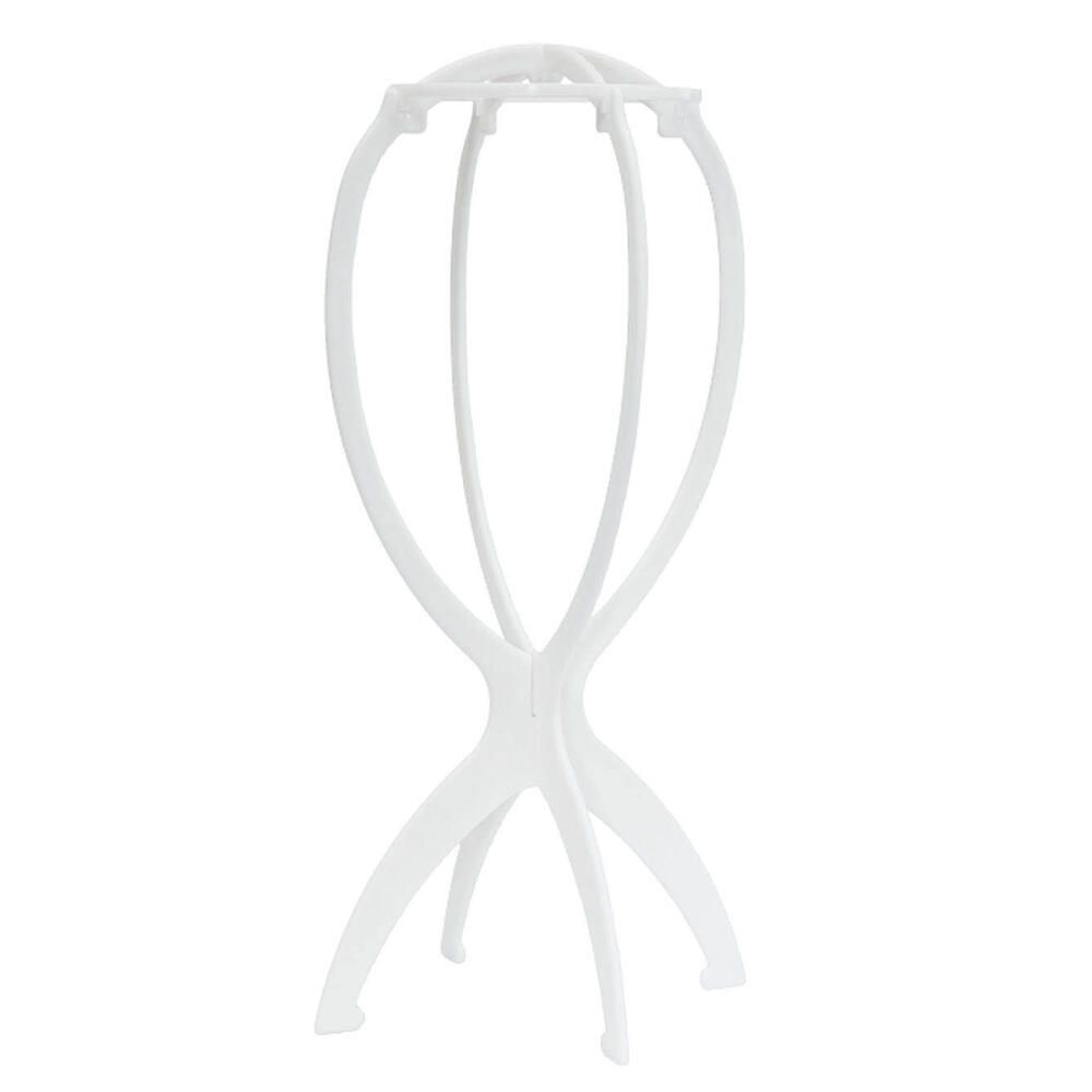 Weißer Perückenständer aus Kunststoff. Ovaler Kopf, vierbeiniger Standfuß.