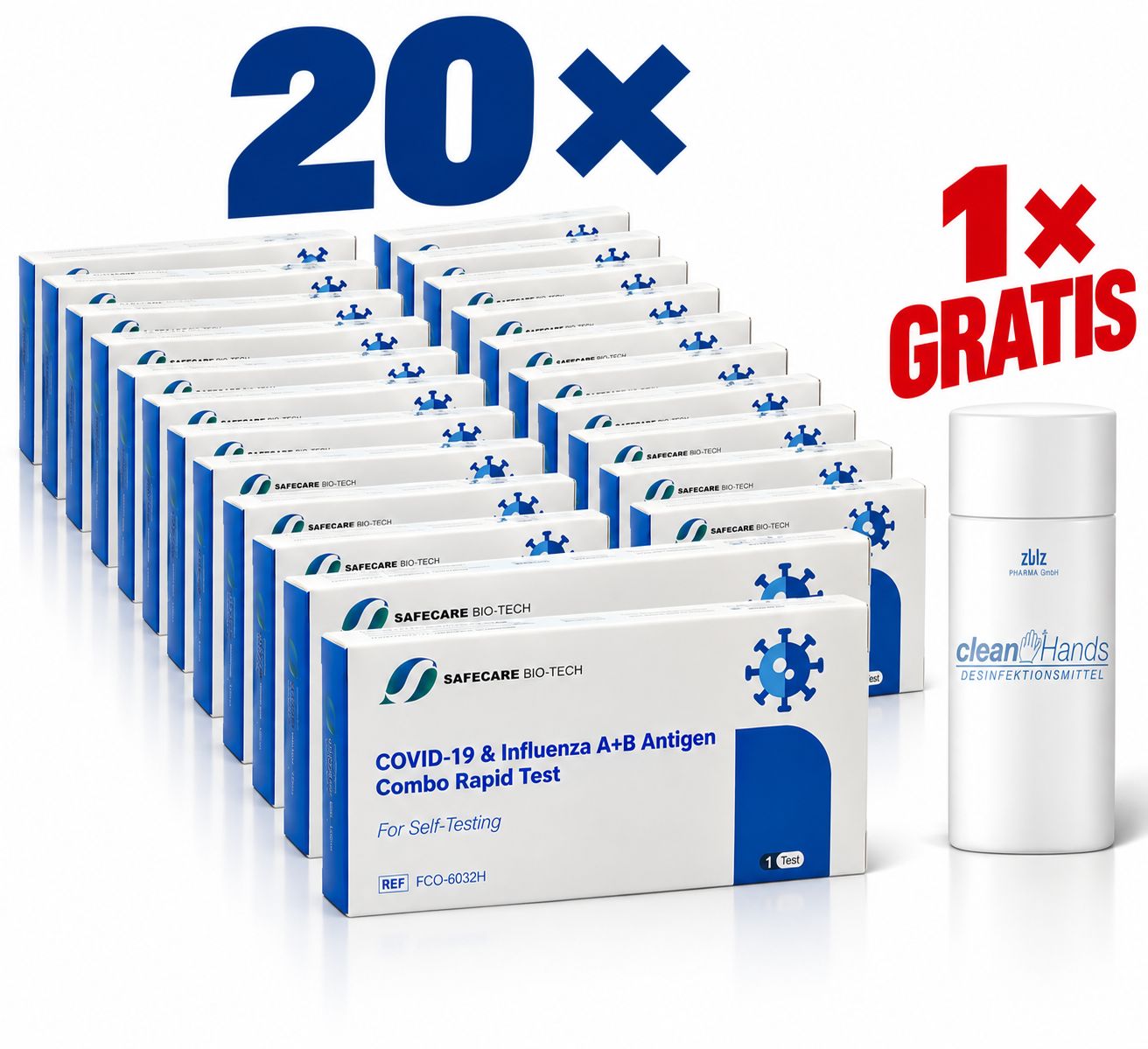 Safecare 3in1 Kombitest - Covid19 + Influenza A B & Gratis ZWZ Desinfektionsmittel 20 St Test
