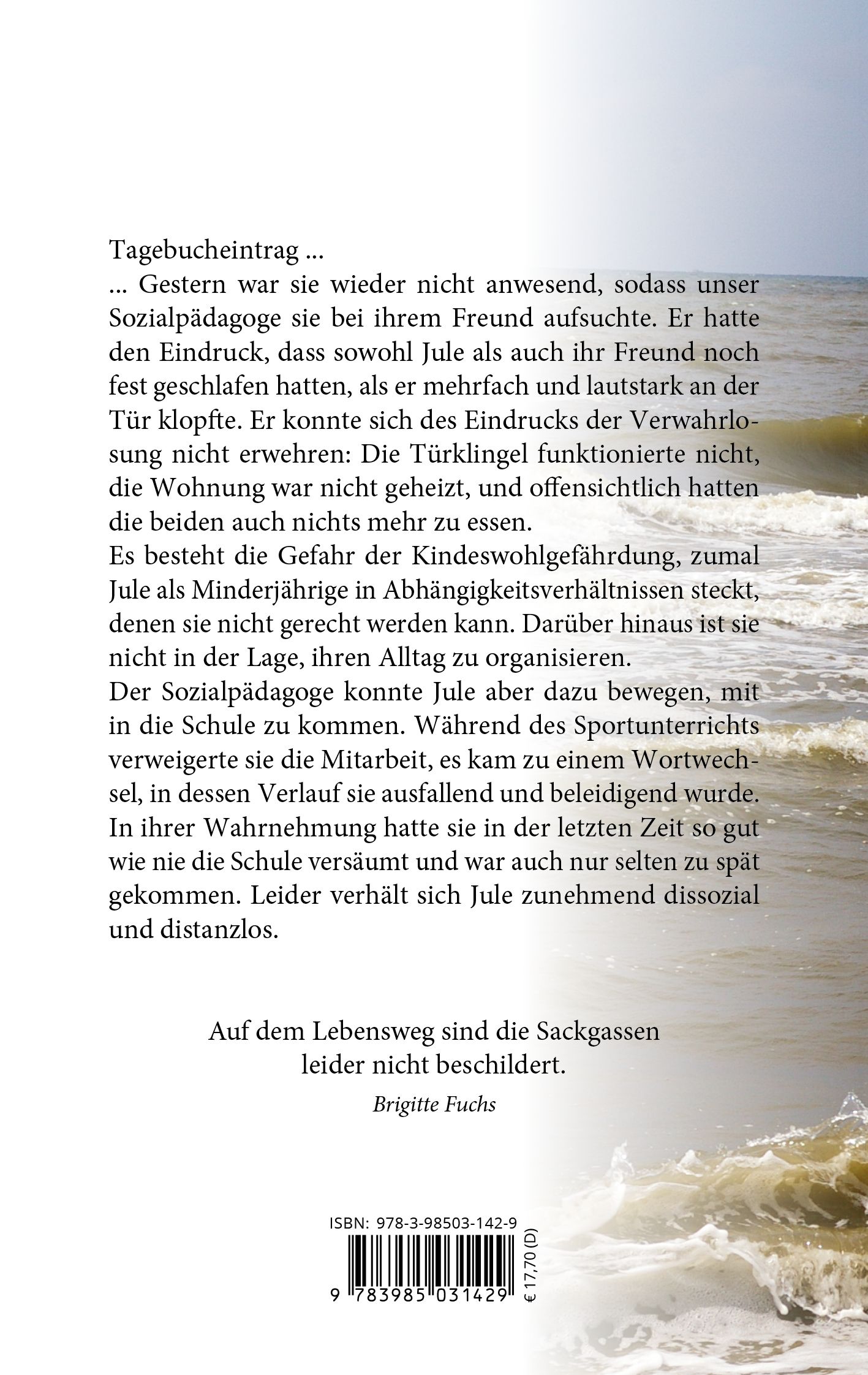 Buchrücken mit Text. Titel "Schule schwänzen". Autor: Brigitte Fuchs. ISBN und Preis. Verlag: Spica.