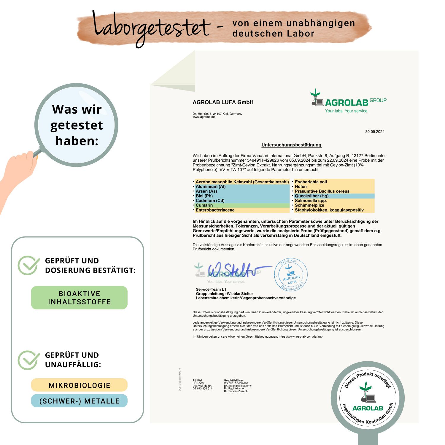 Laborbericht. Unterschrift und Stempel. Bestätigung von bioaktiven Inhaltsstoffen und Mikrobiologie.