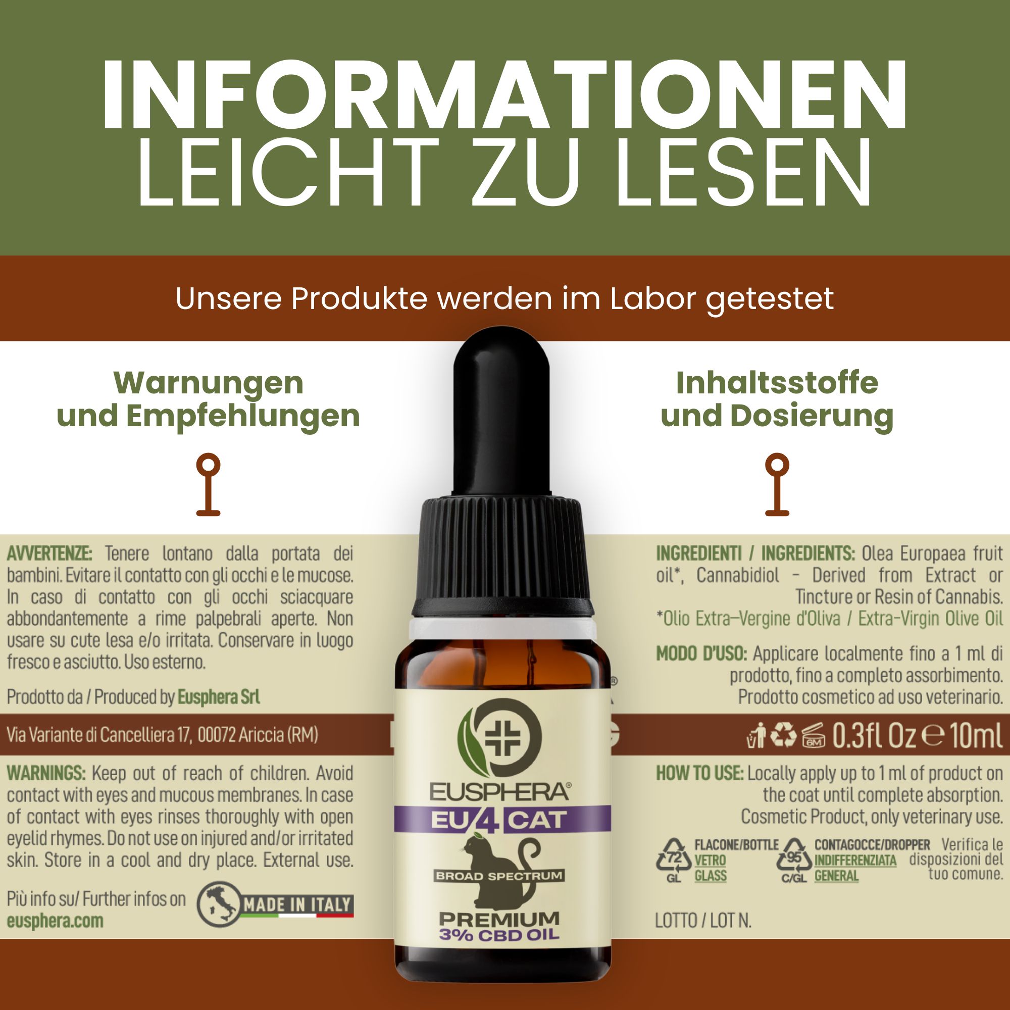 Braune Flasche mit Pipette. Text: EU4CAT, 3% CBD Öl. Informationen: Warnhinweise, Inhaltsstoffe, Dosierung.