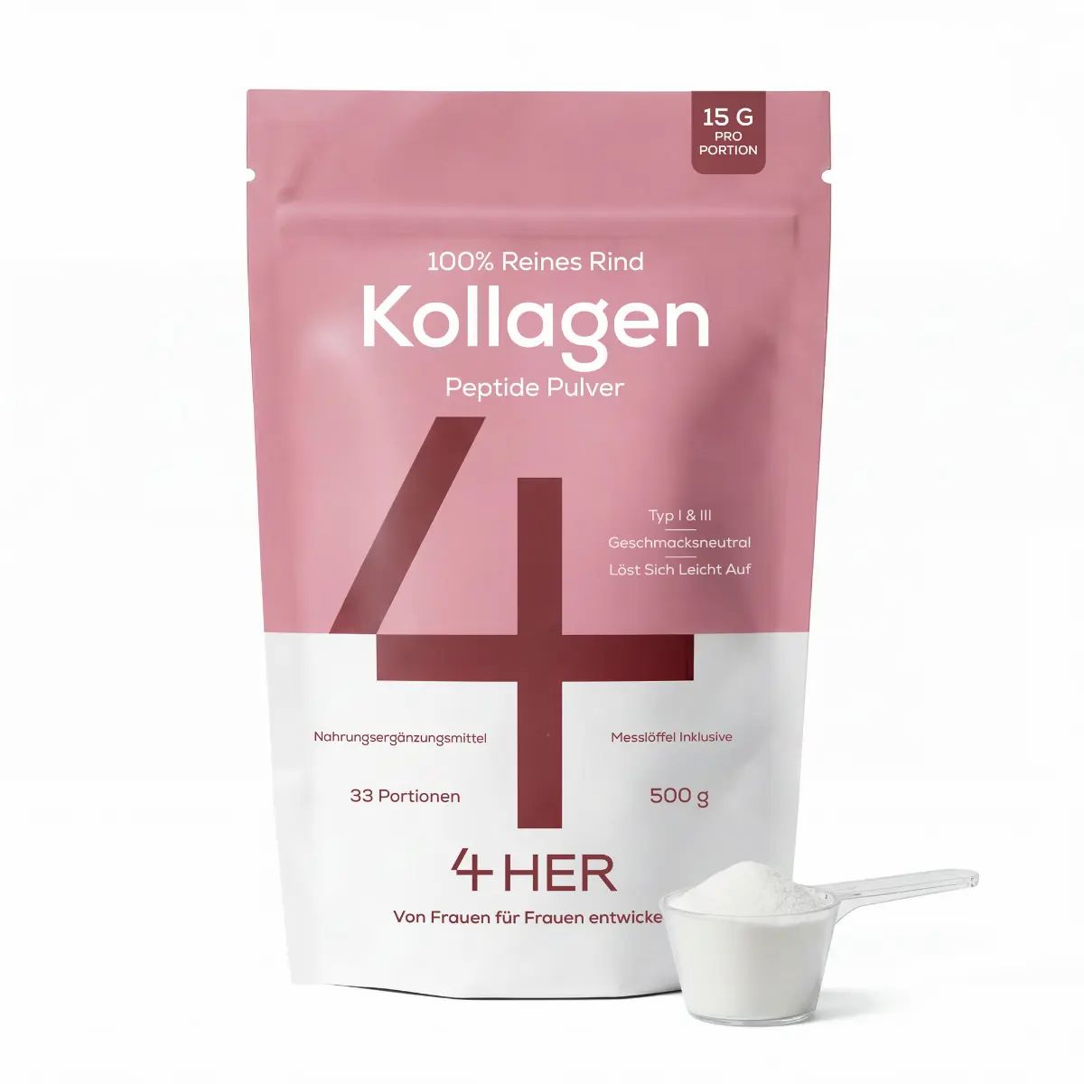 Verpackung mit Kollagenpulver, Löffel mit Pulver daneben.
