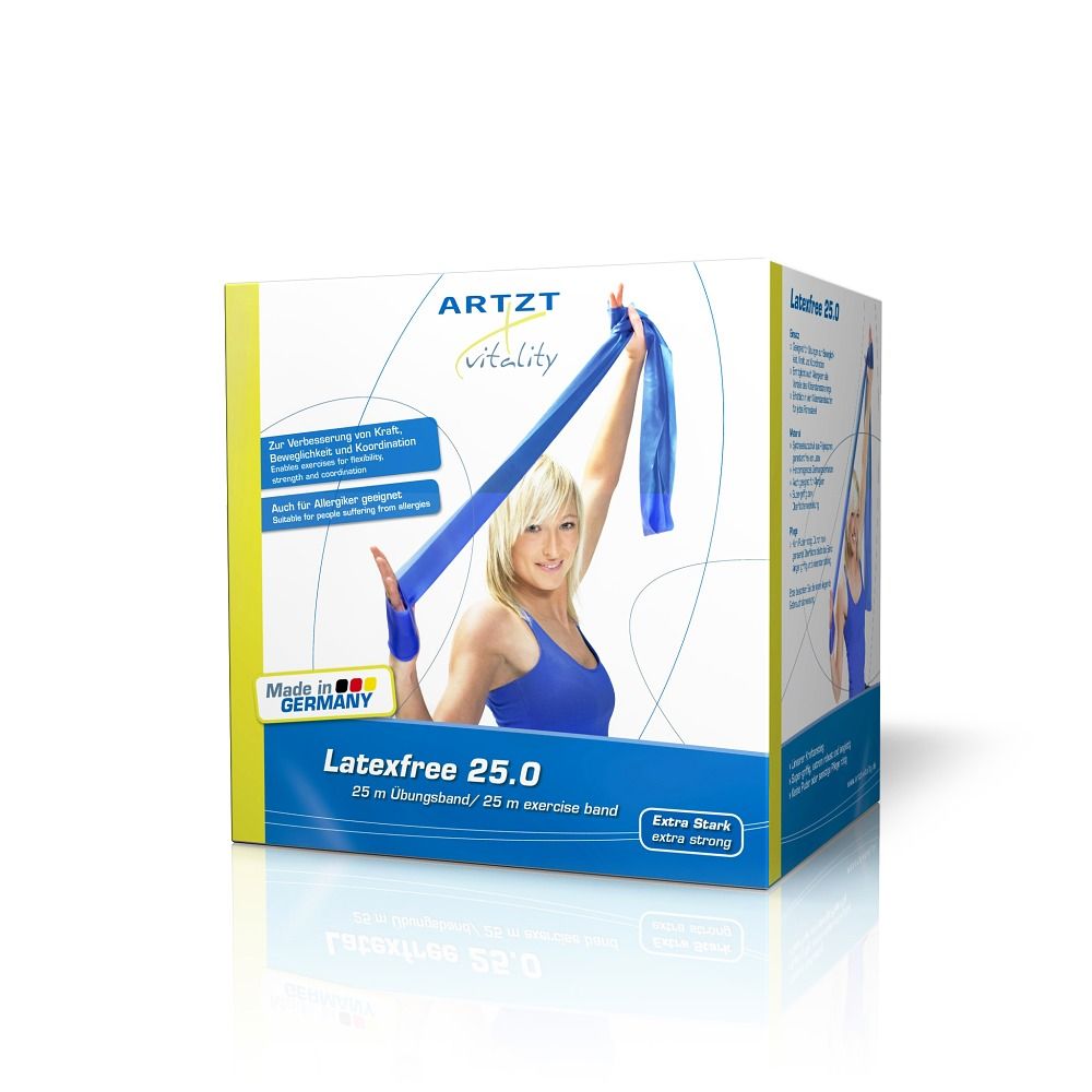 Verpackung mit blauem Übungsband. Aufdruck: ARTZT vitality, Latexfree 25.0, extra stark. Frau mit Band abgebildet.