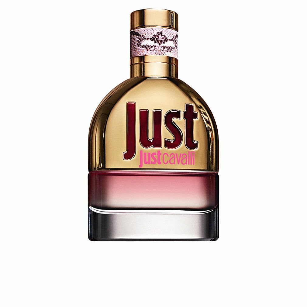 Parfümflakon mit goldfarbenem Deckel und rosafarbenem Inhalt. Aufschrift "Just Cavalli".