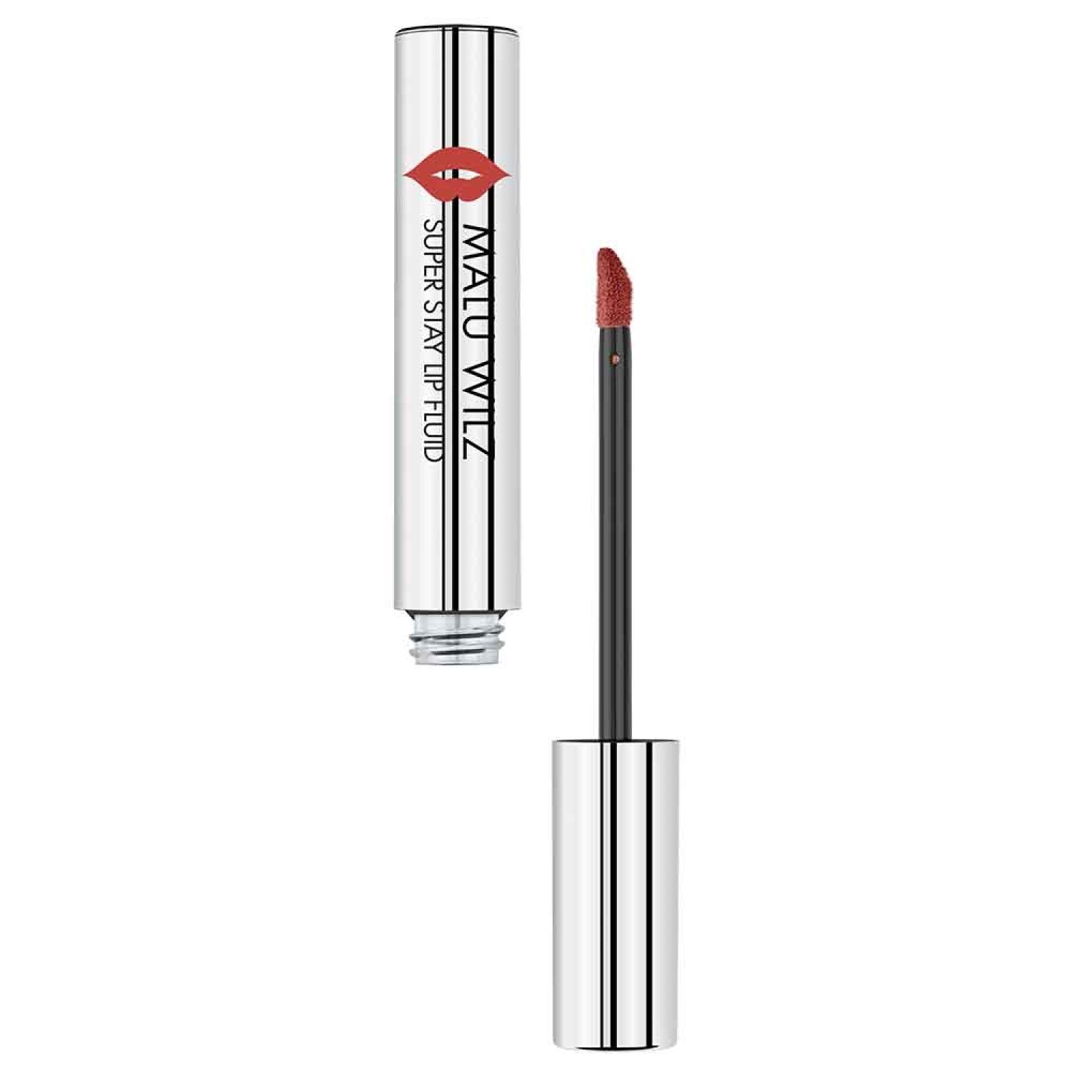 Lippen Super Stay Lip Fluid, Farbe Toasted Apricot. Silberne Hülse mit schwarzem Applikator. Produktname und Logo sichtbar.