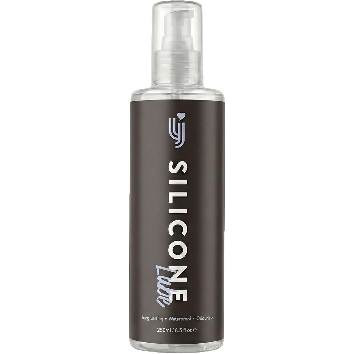 Zylindrische Flasche mit Pumpe. Aufschrift SILICONE Lube. Text: Long Lasting, Waterproof, Odourless. Volumen: 250ml/8.5 fl oz.