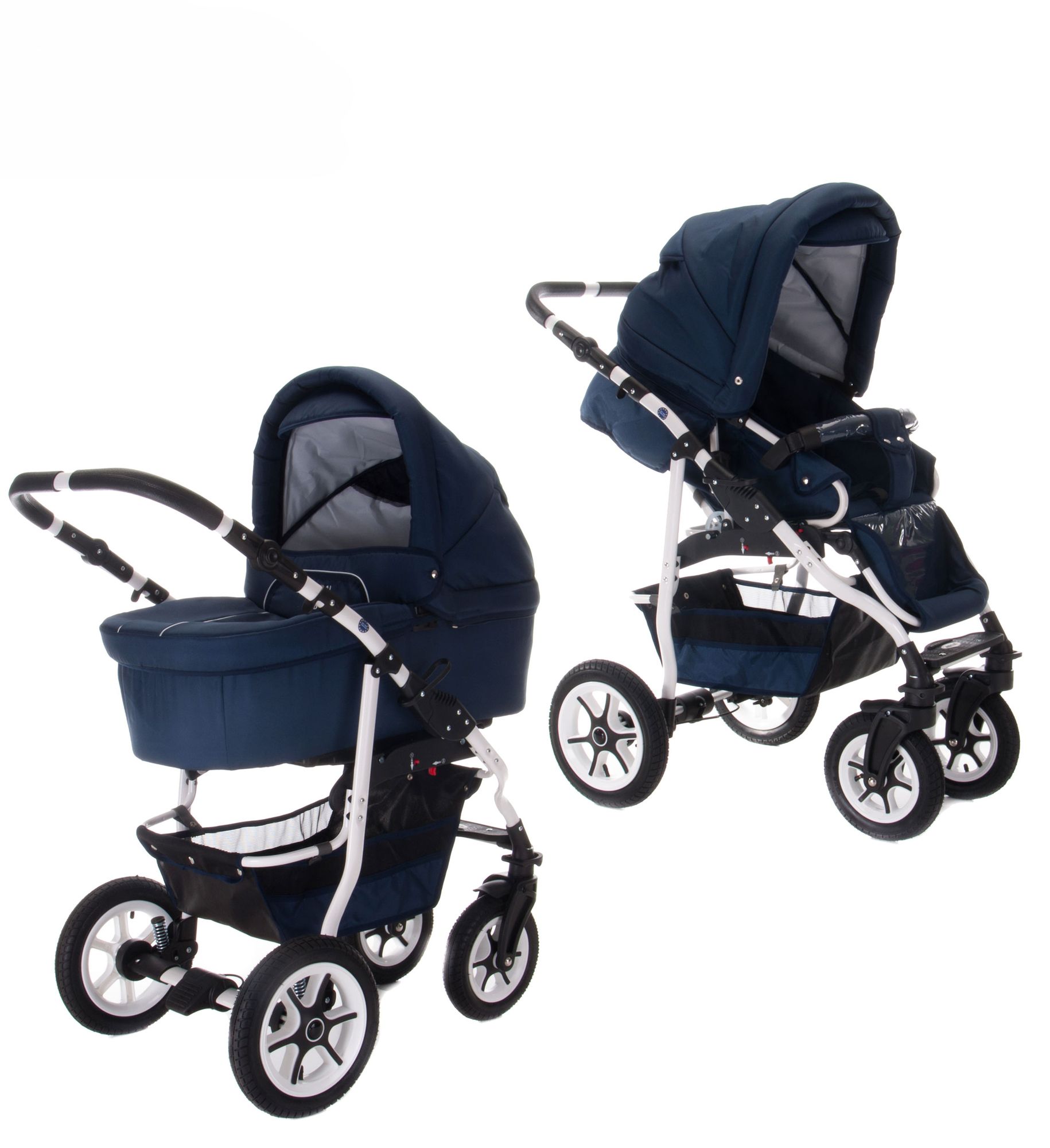 Kinderwagen in Blau mit weißen Rädern. Zwei Ansichten: Liegeposition und Sitzposition.