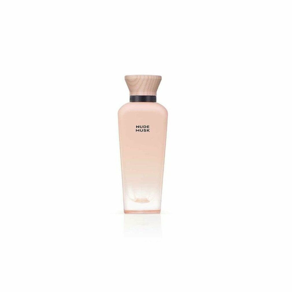 Parfümflasche mit Holzdeckel, schwarzem Ring und rosa Flüssigkeit. Produktname auf der Flasche.