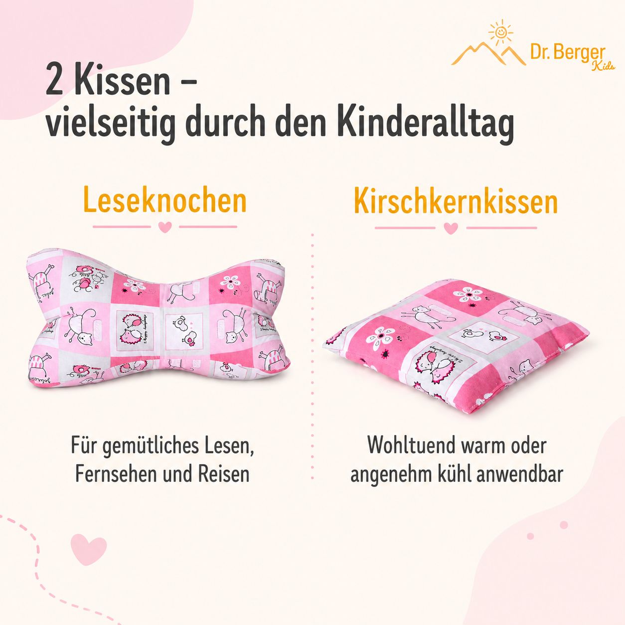 Zwei Kissen: Leseknochen (ca. 30x13 cm) und Kirschkernkissen (ca. 15x15 cm) mit rosa Tiermotiv.