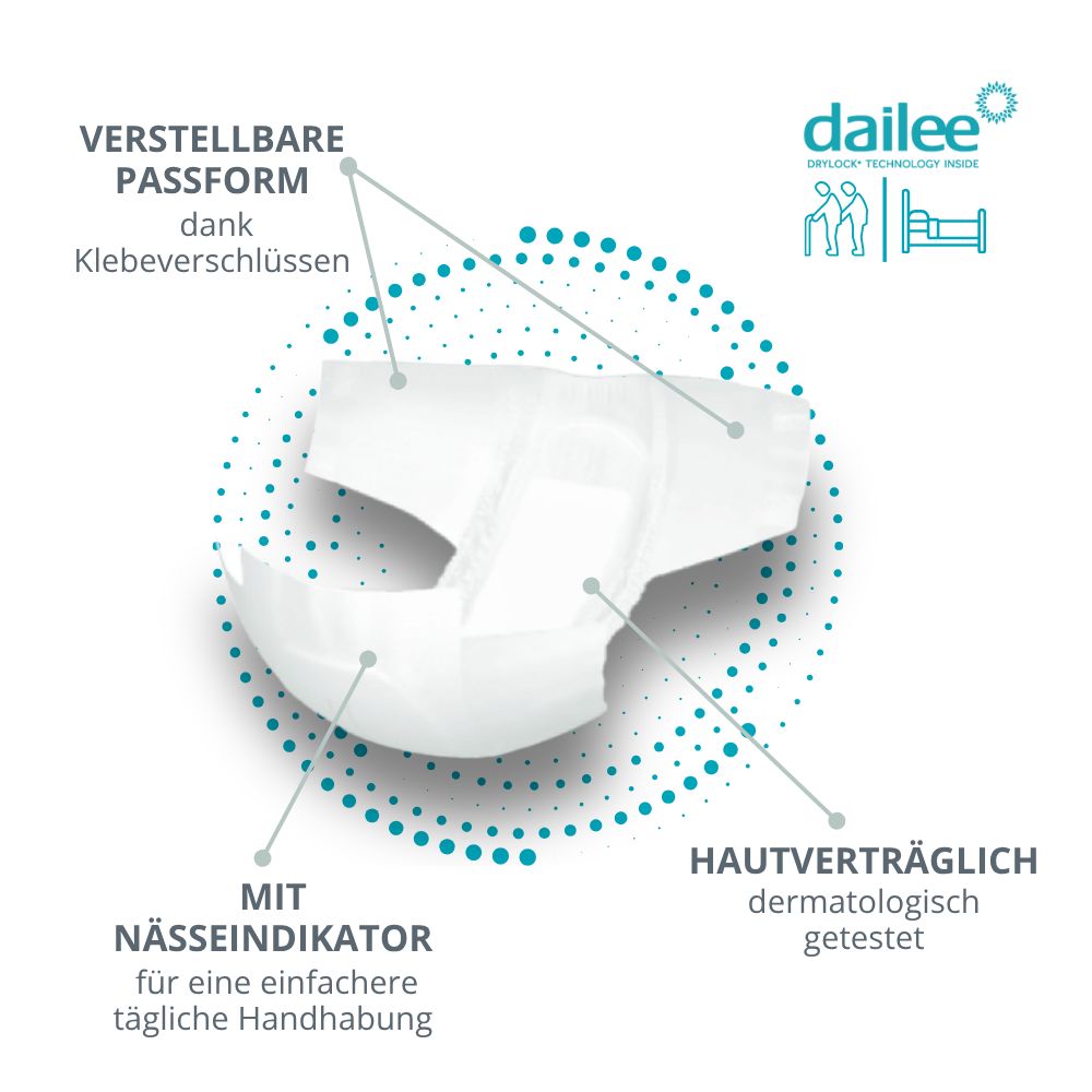 Dailee Care Windeln: Verstellbare Passform dank Klebeverschlüssen, mit Nässeindikator. Hautverträglich.