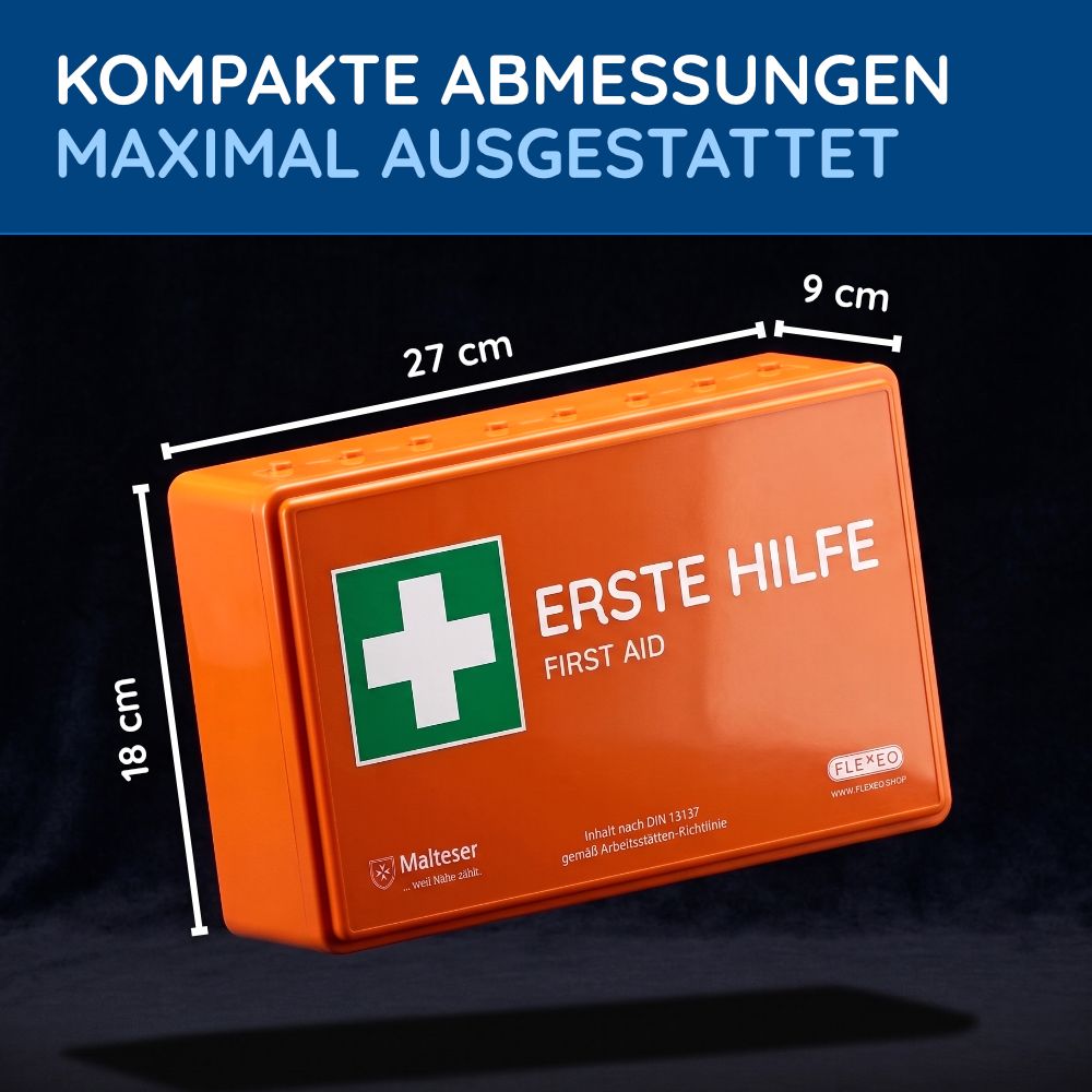 Erste Hilfe Kasten mit Maßen: 27x18x9 cm. Text: Kompakte Abmessungen. Logo und Text "ERSTE HILFE".