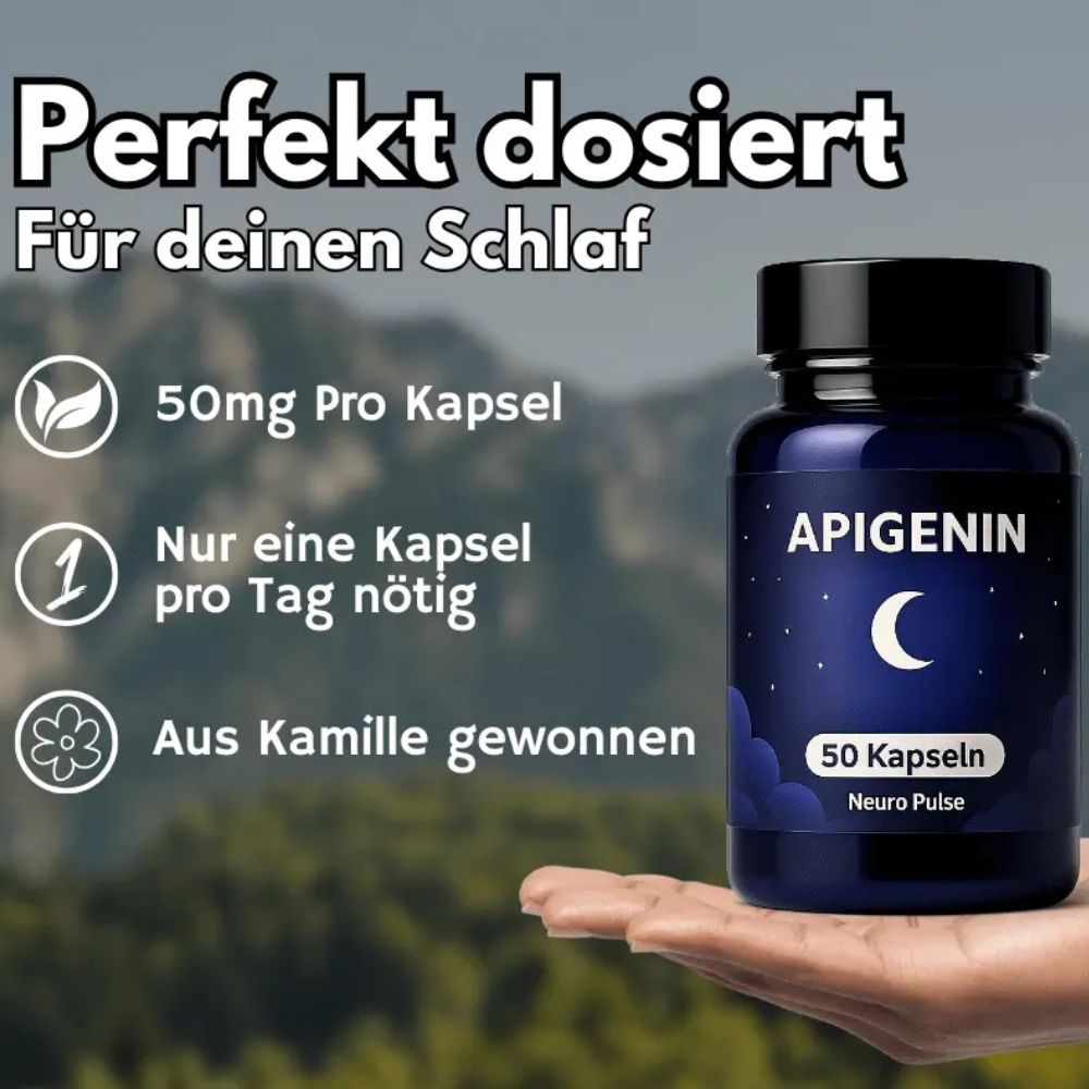 Blaue Flasche mit Aufschrift APIGENIN, Mond-Symbol, 50 Kapseln, Neuro-Pulse. Text: 50mg pro Kapsel, nur eine Kapsel pro Tag, Aus Kamille gewonnen.