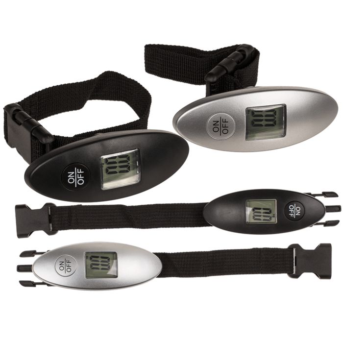 Mehrere digitale Waagen mit Display und schwarzem Gurt. Silber und schwarz. Mit „ON/OFF“-Taste.