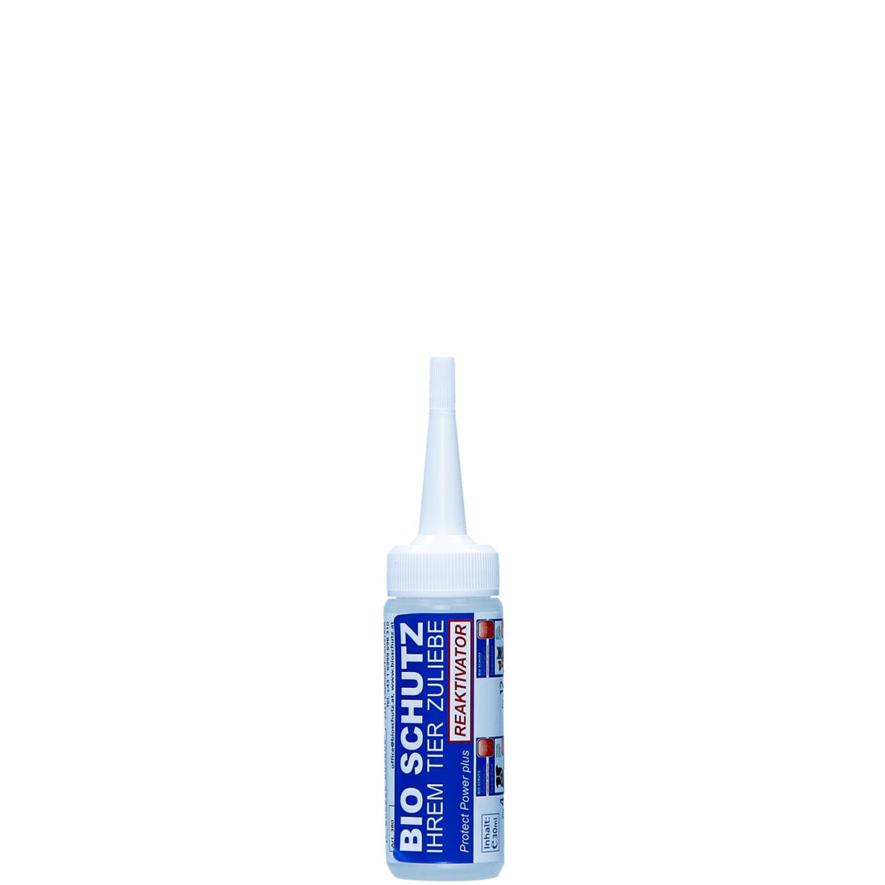 Klarflüssige Flasche mit weißem Applikator. Blaue und rote Etiketten mit Text: BIO SCHUTZ, REAKTIVATOR.