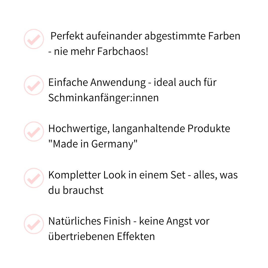 Aufzählungspunkte mit Vorteilen des Starter-Sets: perfekte Farben, einfache Anwendung, hochwertige Produkte, komplettes Set, natürliches Finish.