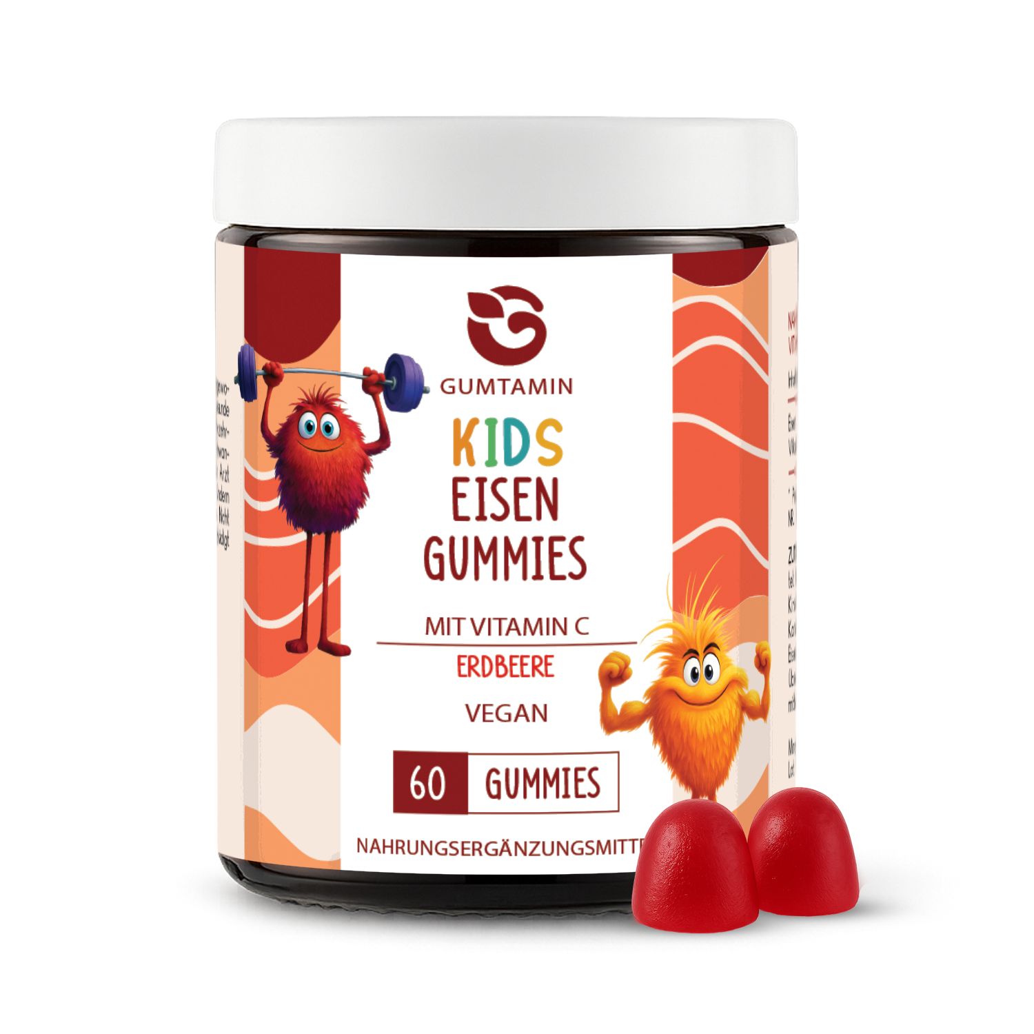 Dose mit Gummibärchen. Aufschrift: Gumtamin Kids Eisen Gummies, Erdbeere, Vegan, 60 Gummies. Zwei rote Gummibärchen.