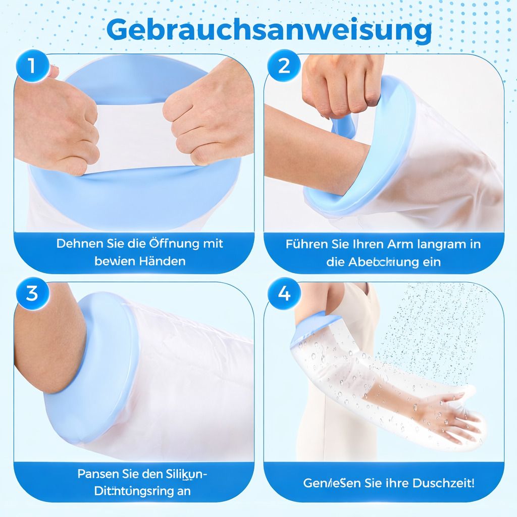 Vier Schritte zur Anwendung des Arm-Duschschutzes. Öffnung dehnen, Arm einführen, Silikonring anpassen, duschen. Blaue Silikonringe, transparente Hülle.