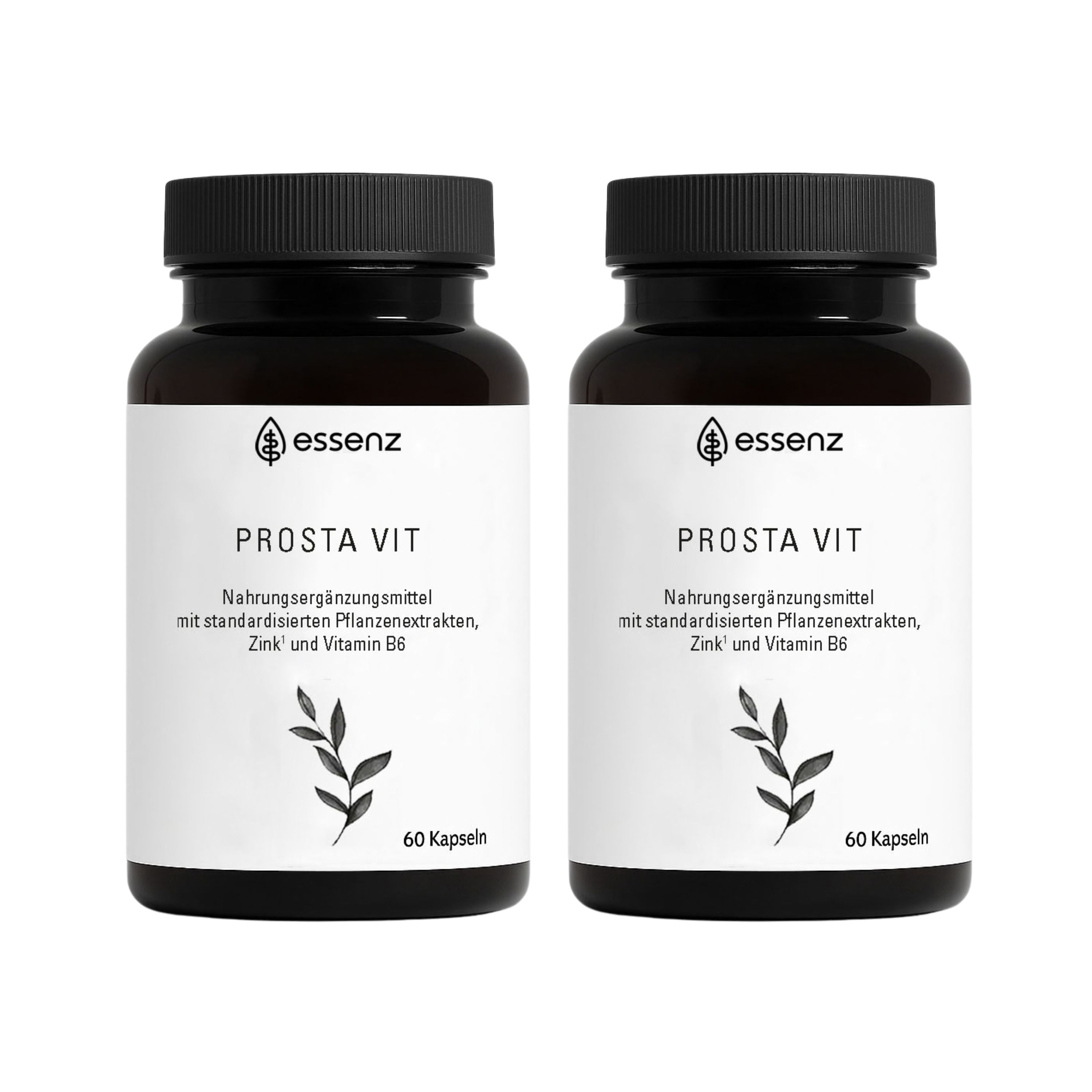 Zwei Flaschen ESSENZ Prosta Vit Kapseln. Jede Flasche enthält 60 Kapseln. Schwarze Deckel, weißes Etikett mit Logo und Produktinformationen.