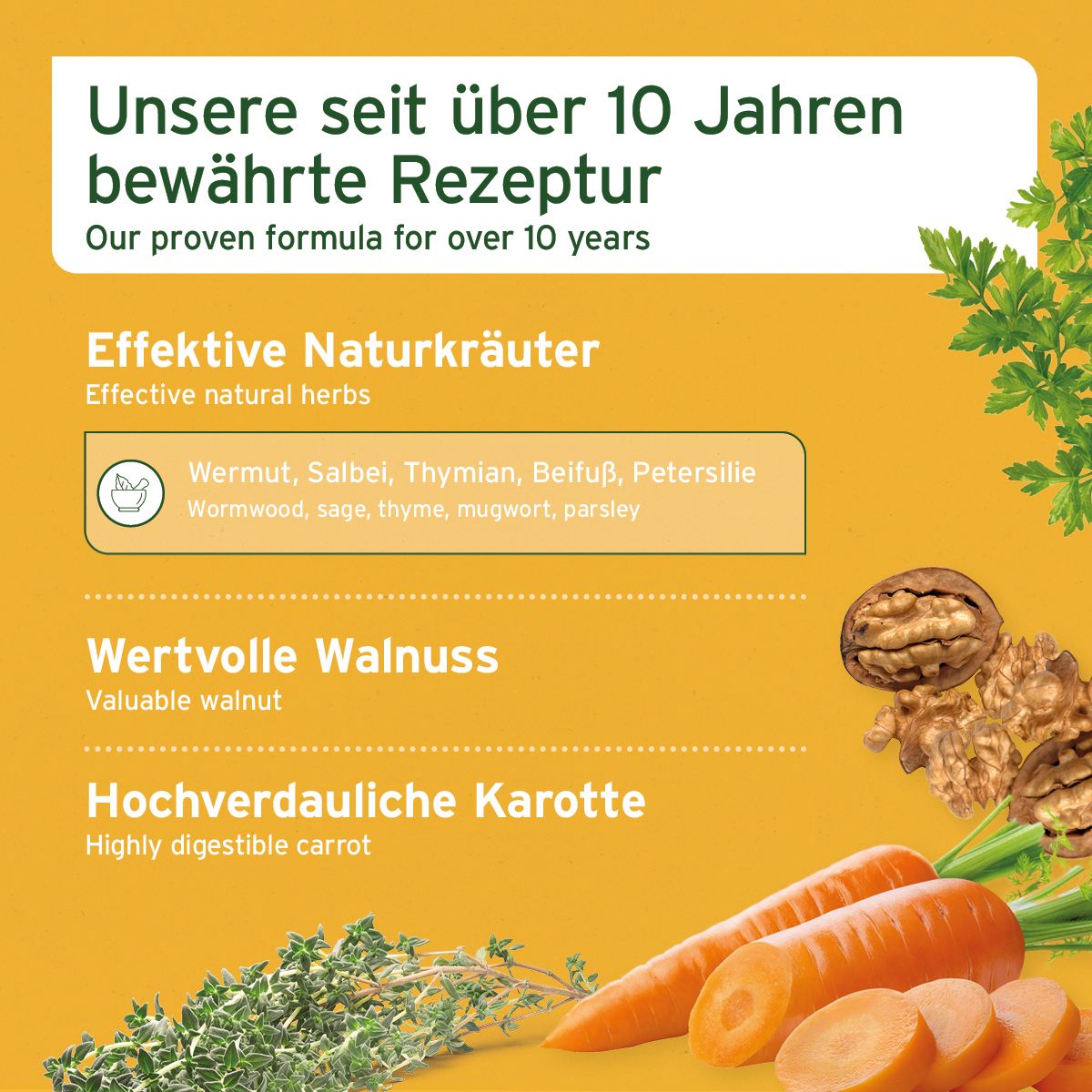Text auf gelbem Hintergrund: Bewährte Rezeptur. Kräuter, Walnuss, Karotte. Illustrationen.