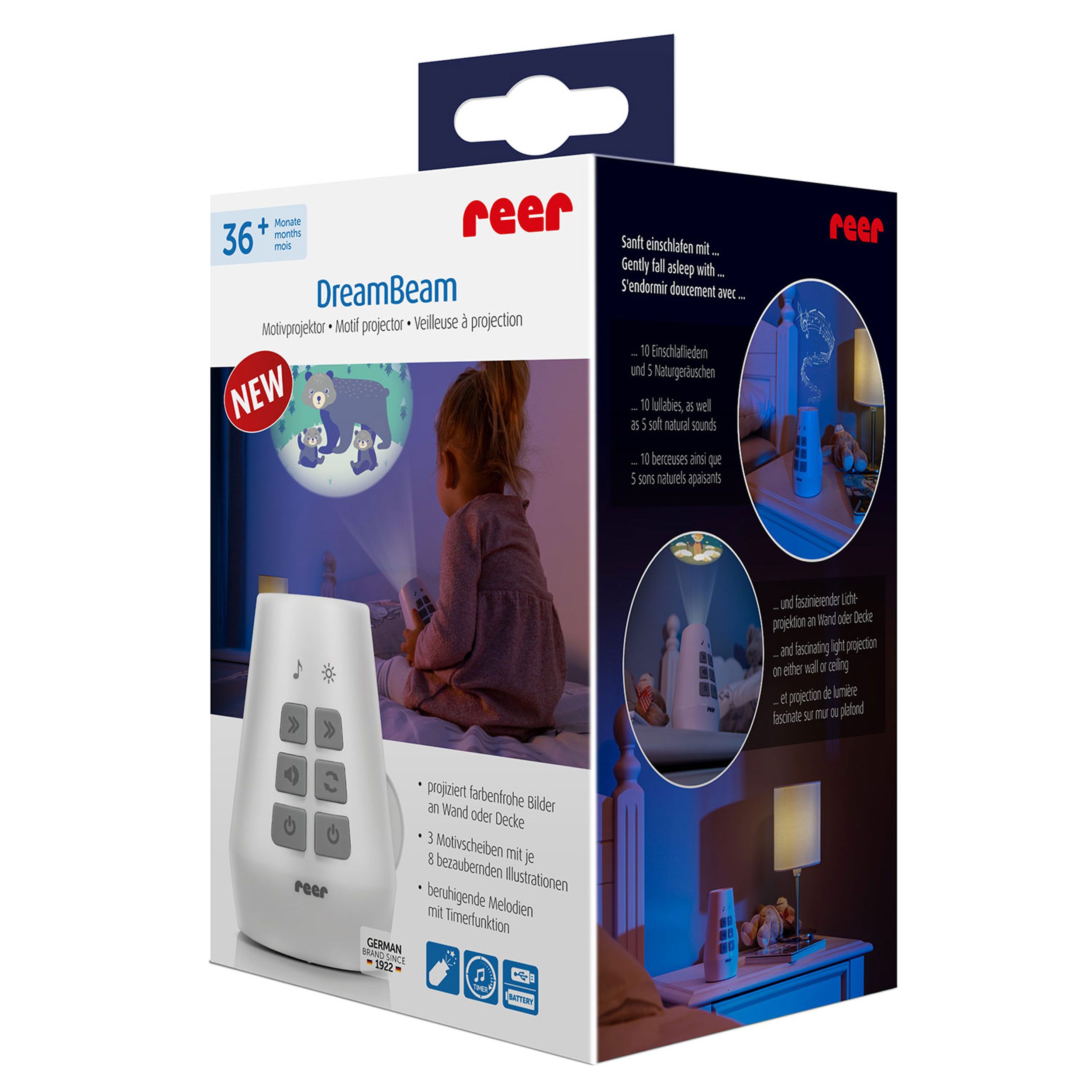 Verpackung des DreamBeam Motivprojektors. Produktabbildung, Kind, Fernbedienung, Produktname, Logo.