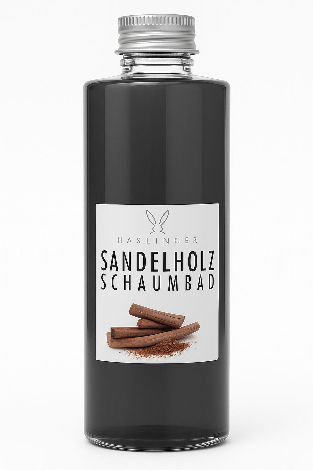 Dunkle Glasflasche mit silbernem Deckel. Etikett mit Schriftzug SANDELHOLZ SCHAUMBAD und Abbildung von Holzstücken und Pulver.