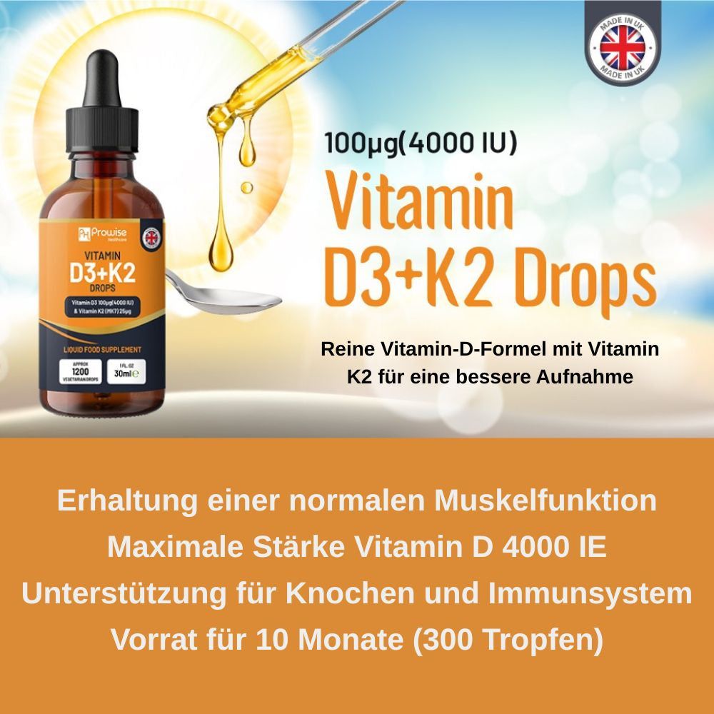 Braune Glasflasche mit schwarzem Tropfer, Tropfen auf einem Löffel.  Text: Vitamin D3+K2 Tropfen.  Zusätzlich Text über Vorteile.