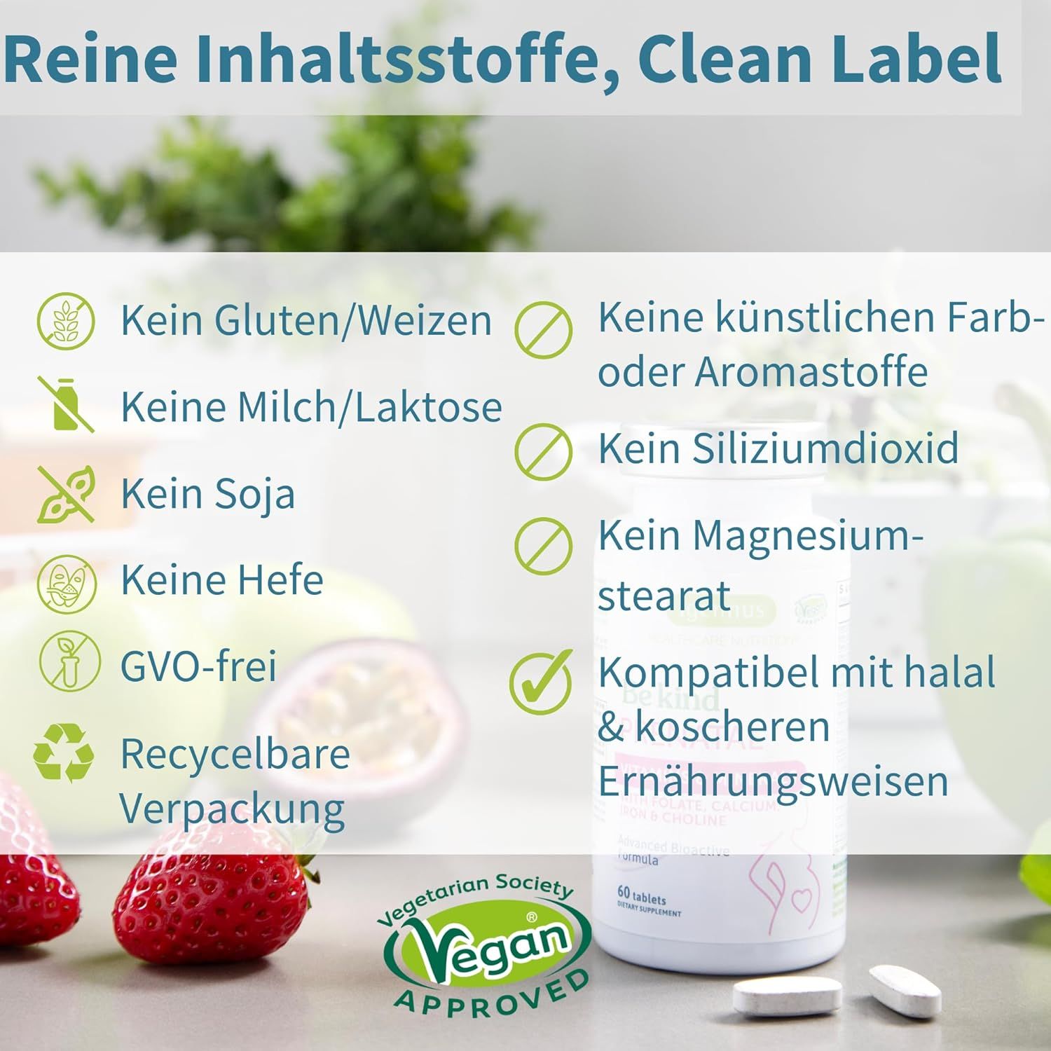 Text: "Reine Inhaltsstoffe, Clean Label". Keine Gluten, Milch, Soja, Hefe, künstliche Farb- oder Aromastoffe, Siliziumdioxid, Magnesiumstearat.