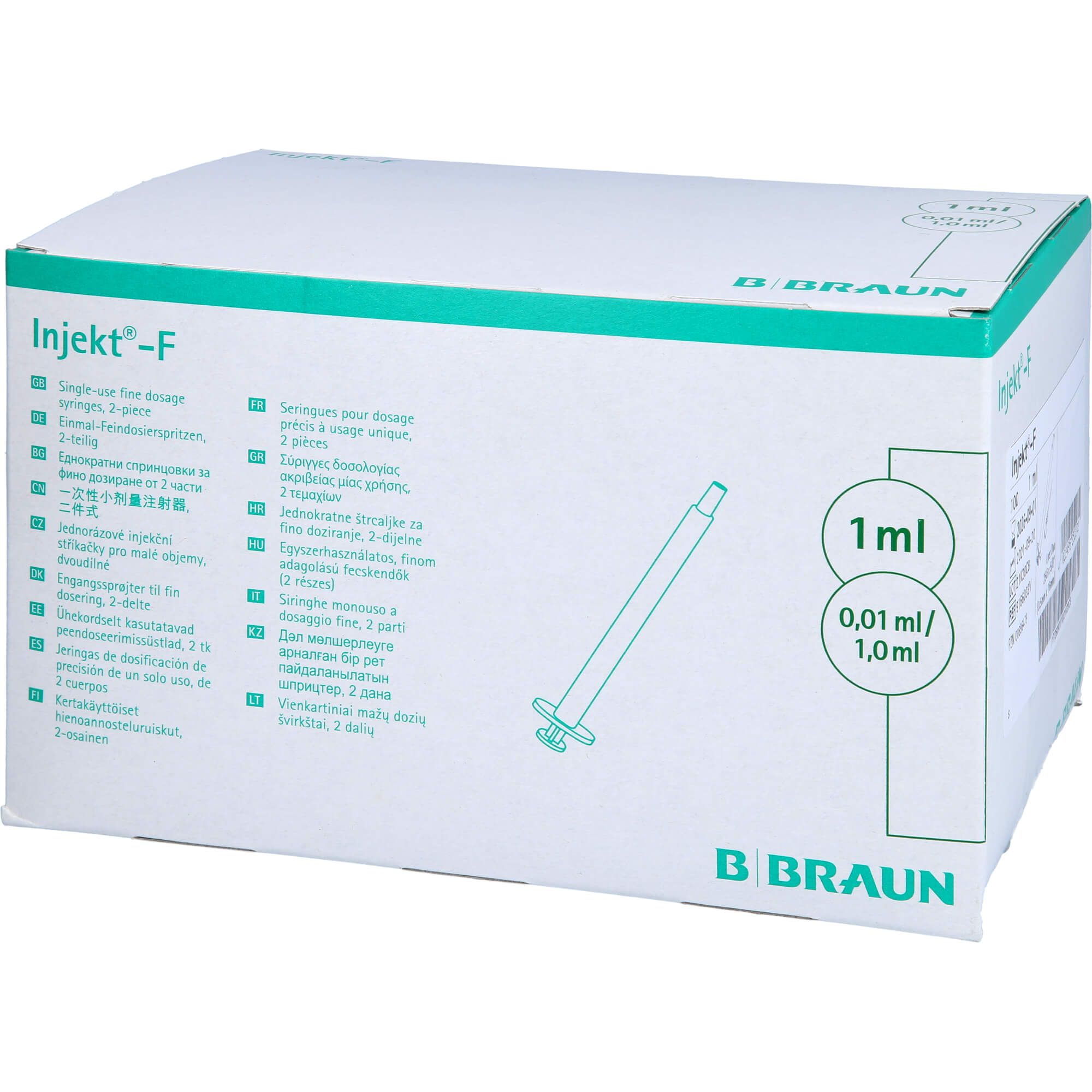 Verpackung mit Spritzen. Aufschrift "Injekt-F" und "1 ml". Marke B. Braun. Mehrsprachige Textfelder.