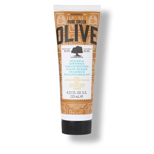 Tube mit Haarmaske. Aufschrift: KORRES Pure Greek Olive. Text in mehreren Sprachen. 4.23 FL. OZ. U.S. 125 ml e.
