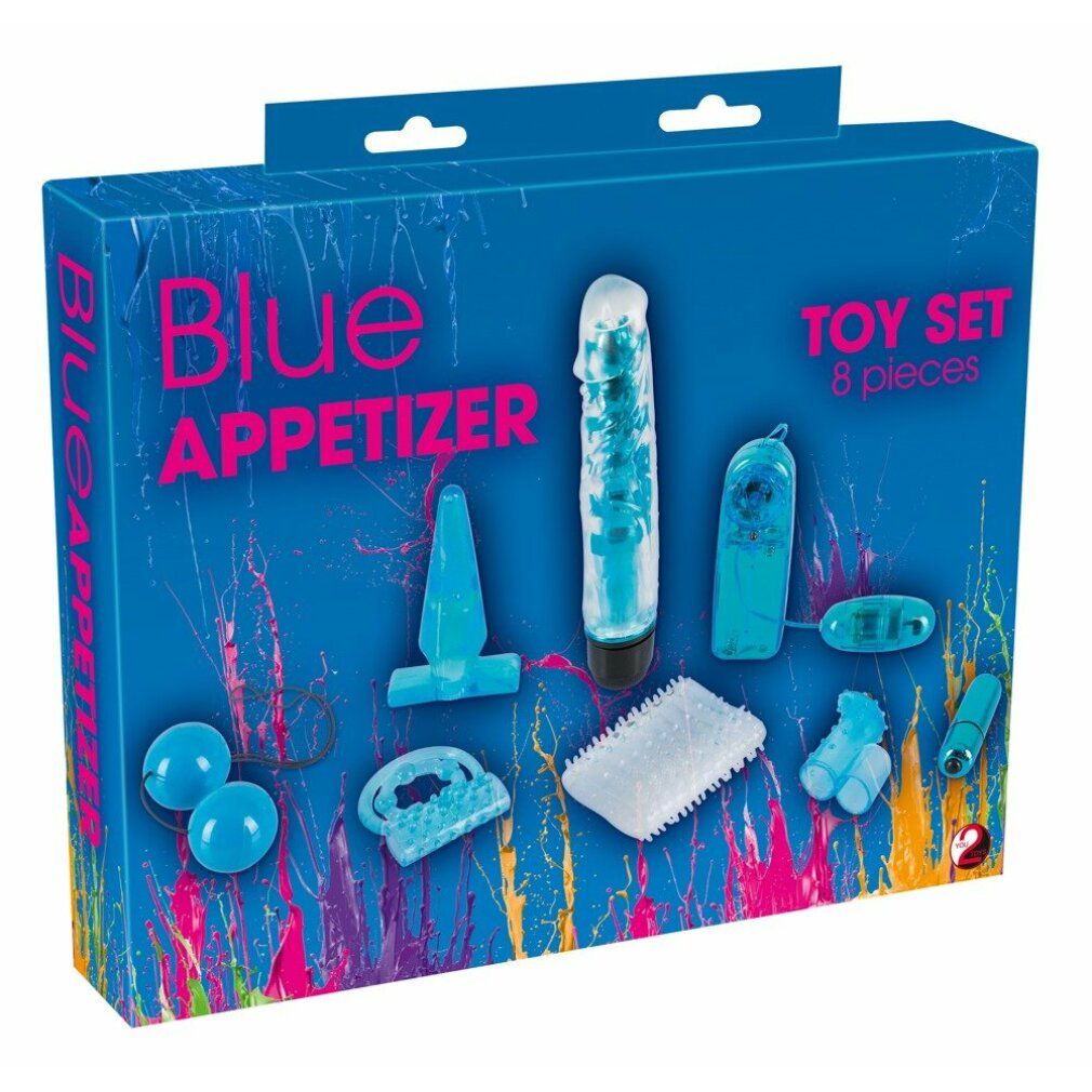 Blaues Toy-Set "Blue Appetizer" mit 8 Teilen in Verpackung. Enthält Vibratoren, Analplug, Ringe und Kugeln.
