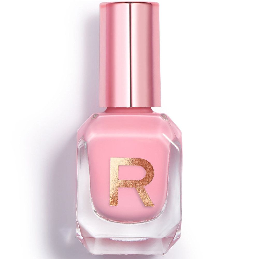 Rosa Nagellackflasche mit goldfarbenem "R"-Logo. Rosa Deckel und transparente Flasche. Hochglanz-Finish.