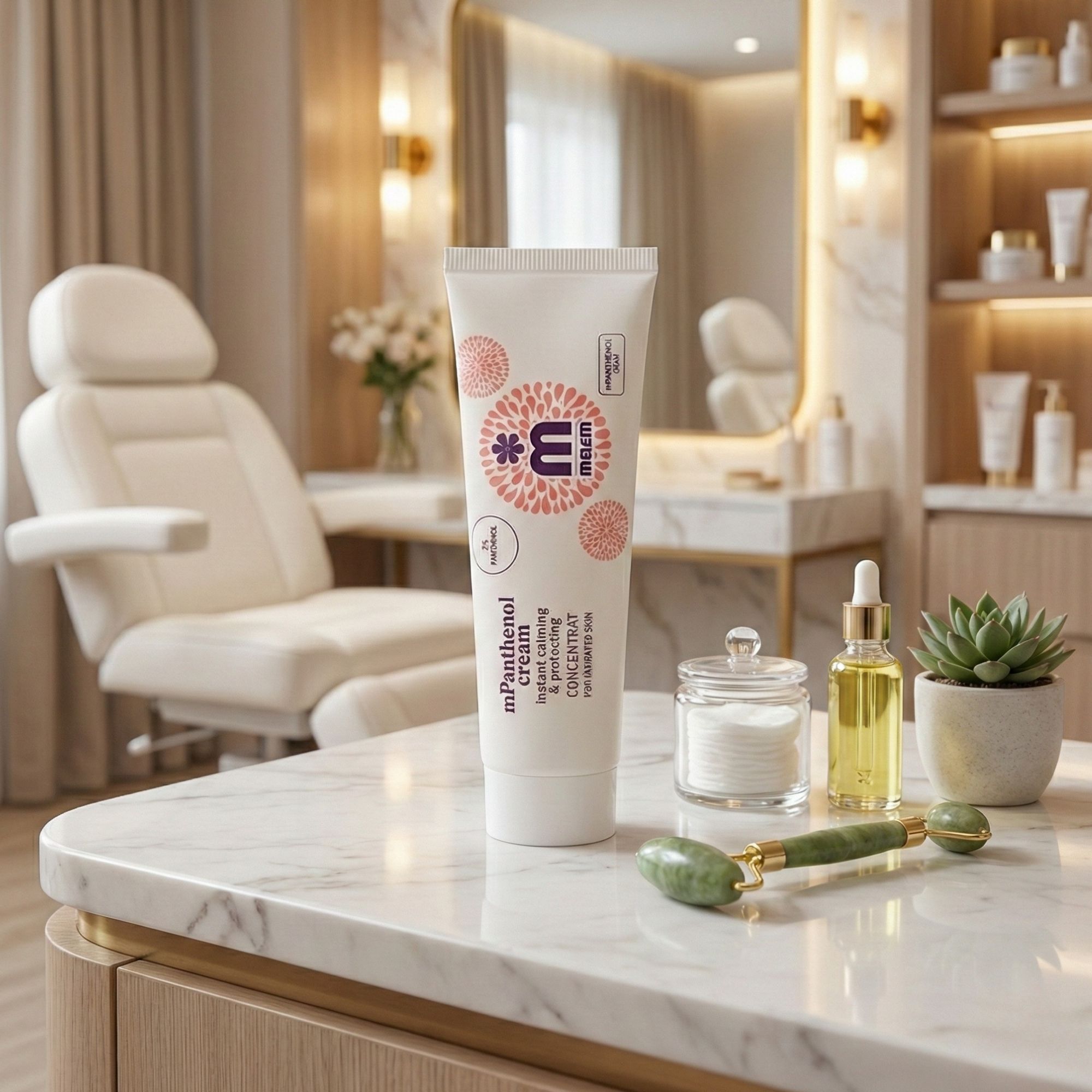 Creme-Tube mit Produktnamen und Logo. Auf Marmortisch mit Zubehör: Öl, Wattepads, Jade-Roller.