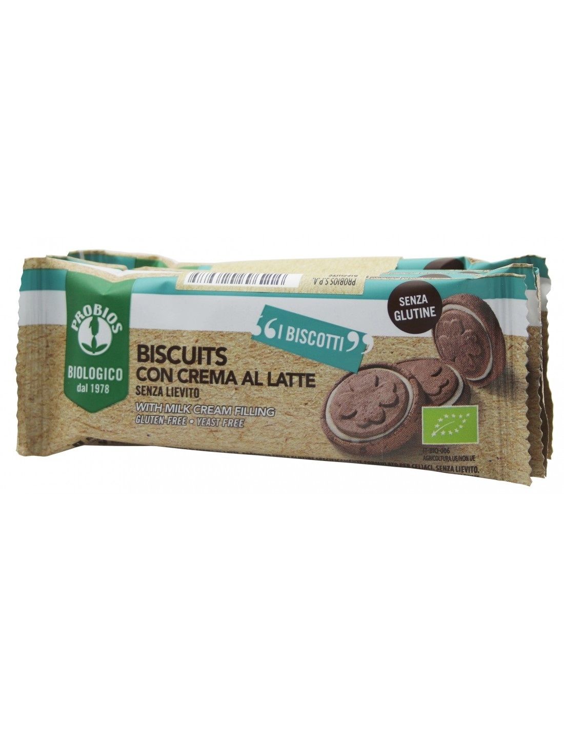 Confezione di biscotti senza glutine con crema al latte Probios. La confezione mostra i biscotti, con crema, e la scritta "Biscotti con Crema al Latte". Sono visibili anche il logo "Biologico" e l'etichetta "Senza Glutine".