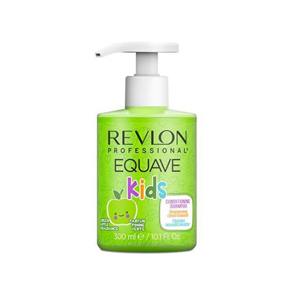 Grüne Shampoo-Flasche mit Pumpe. Aufschrift: Revlon Equave Kids. Apfel-Duft. 300 ml.