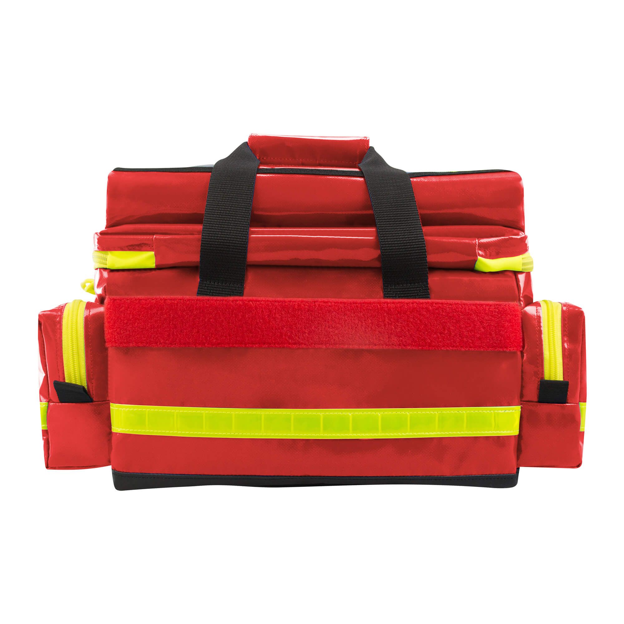 Rote Notfalltasche mit gelben Streifen und Klettverschluss. Schwarze Details und Tragegriffe sind sichtbar.