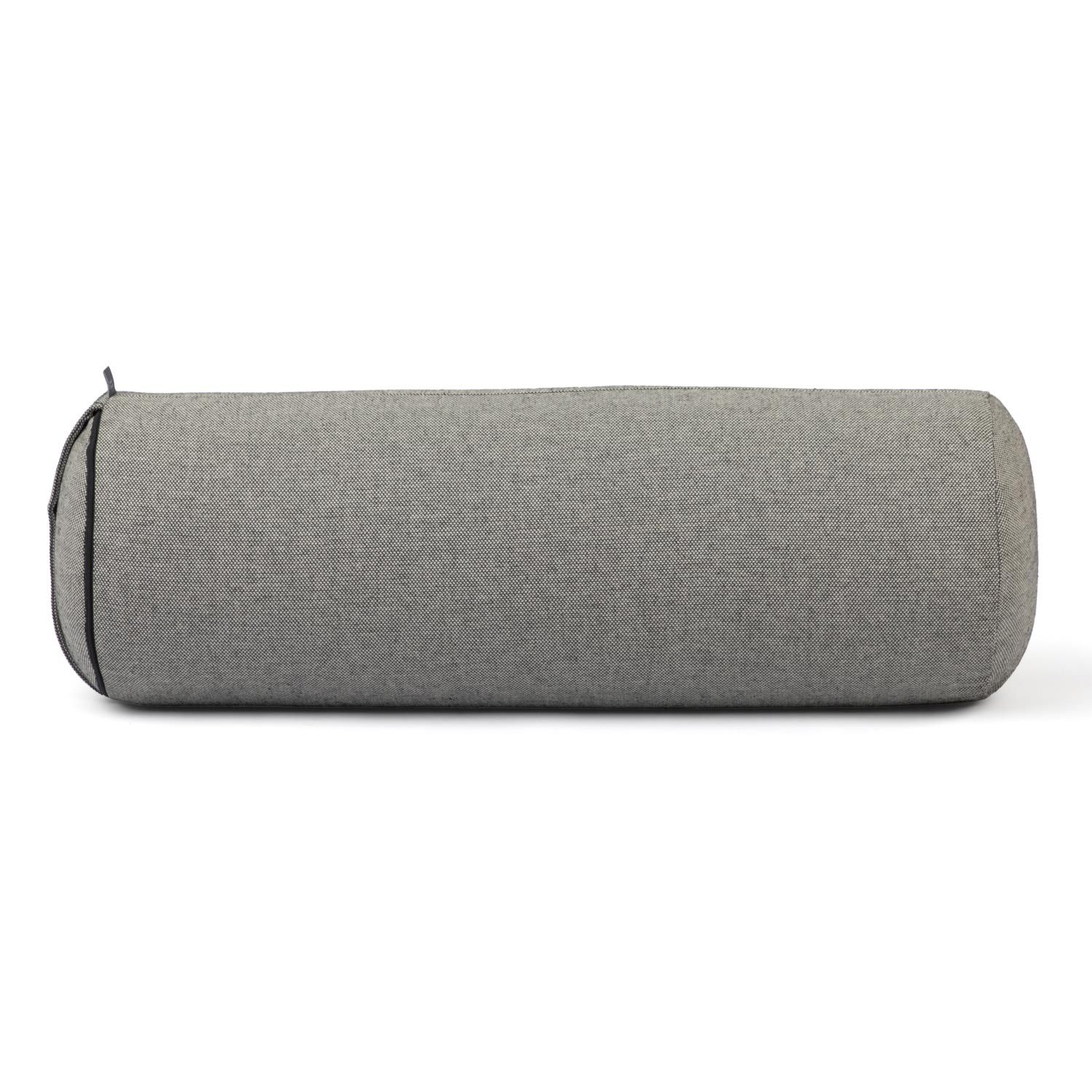 Grauer Yoga-Bolster, zylindrisch. Schwarzer Rand an den Enden. Stoffstruktur erkennbar.