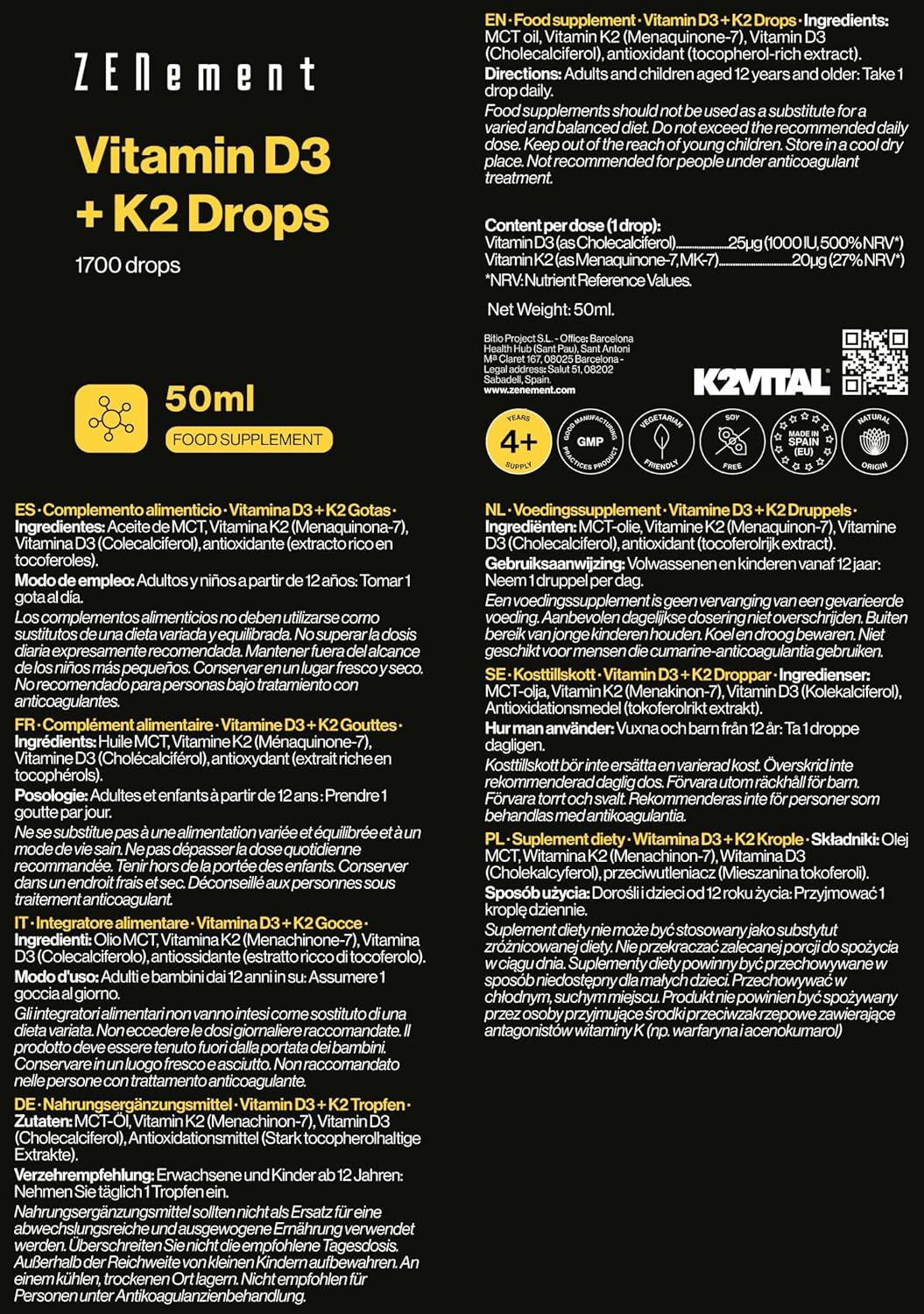 Mehrsprachige Produktinformationen auf schwarzem Hintergrund. Enthält Informationen zu Vitamin D3 + K2 Tropfen, Dosierung, Inhaltsstoffen und Nährwertangaben.