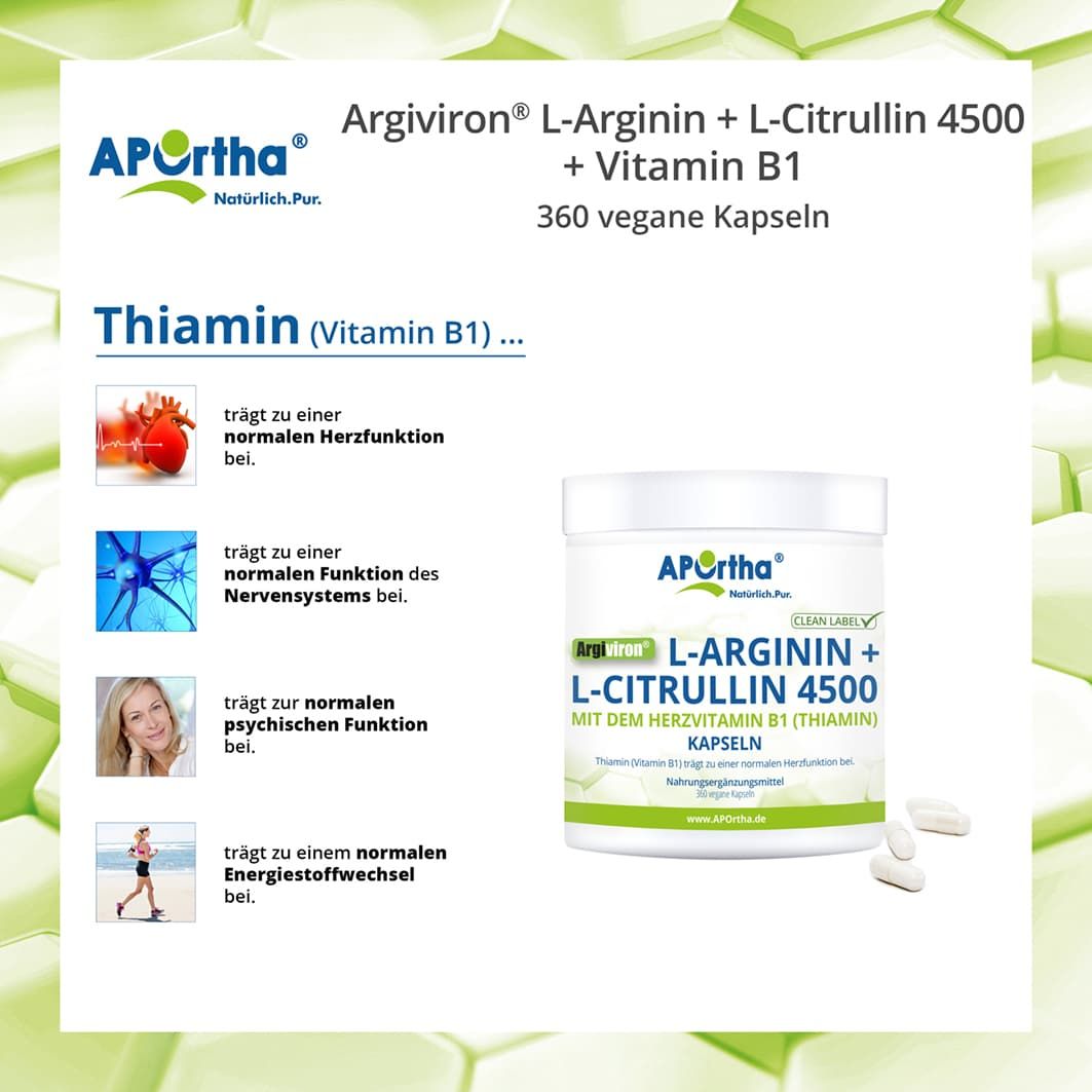 Produktglas mit APOrtha® Argiviron® L-Arginin + L-Citrullin + Vitamin B1 Kapseln. Daneben Bilder, die die Wirkung von Thiamin zeigen. 3 Kapseln.