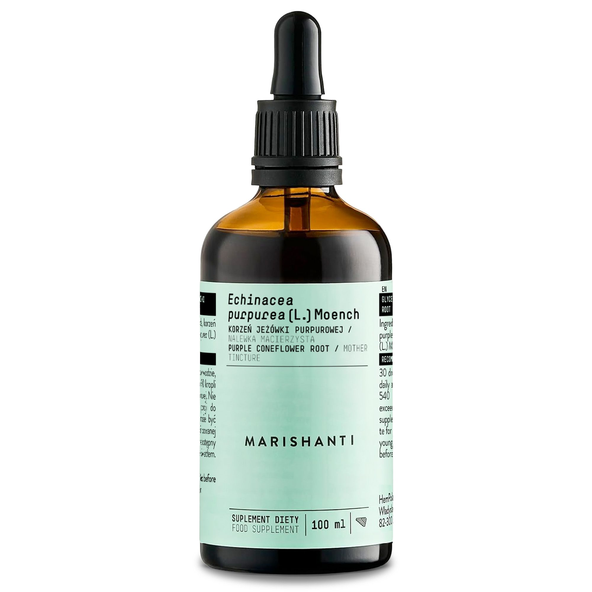 Braune Glasflasche mit Tropfer. Aufschrift: Marishanti Echinacea Extrakt. Produktetikett mit Inhaltsangaben.