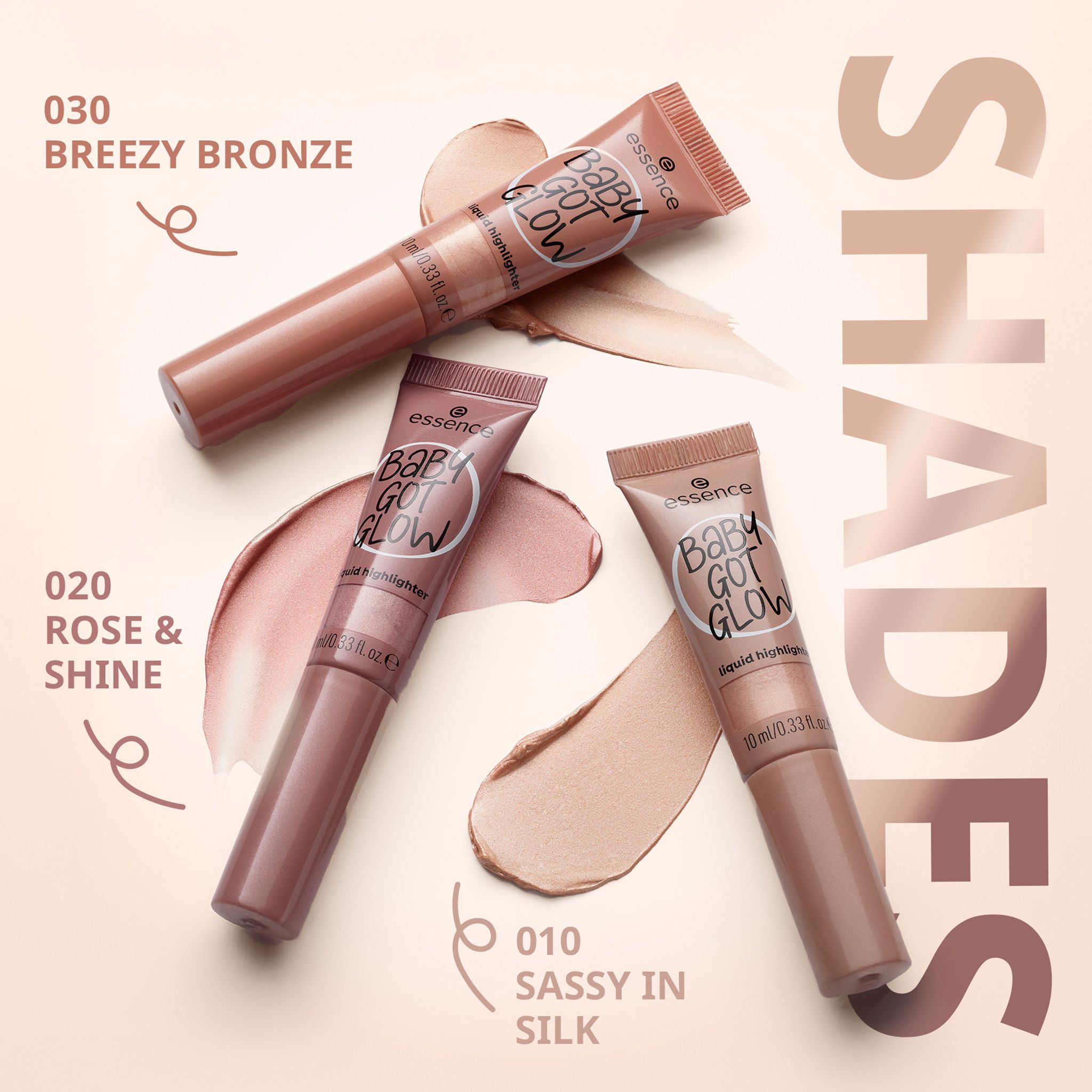 Drei Essence Baby Got Glow Liquid Highlighter. Verschiedene Farbtöne. 10 ml. Aufschrift: Shades.