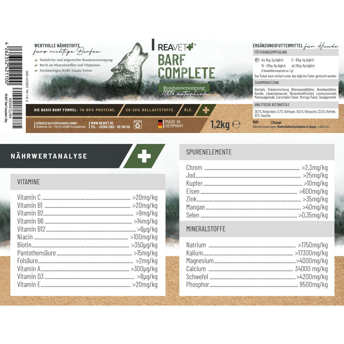 Verpackung mit Aufschrift REAVET BARF COMPLETE. Enthält Nährwertanalyse und Spurenelemente. 1,2kg. Made in Germany.