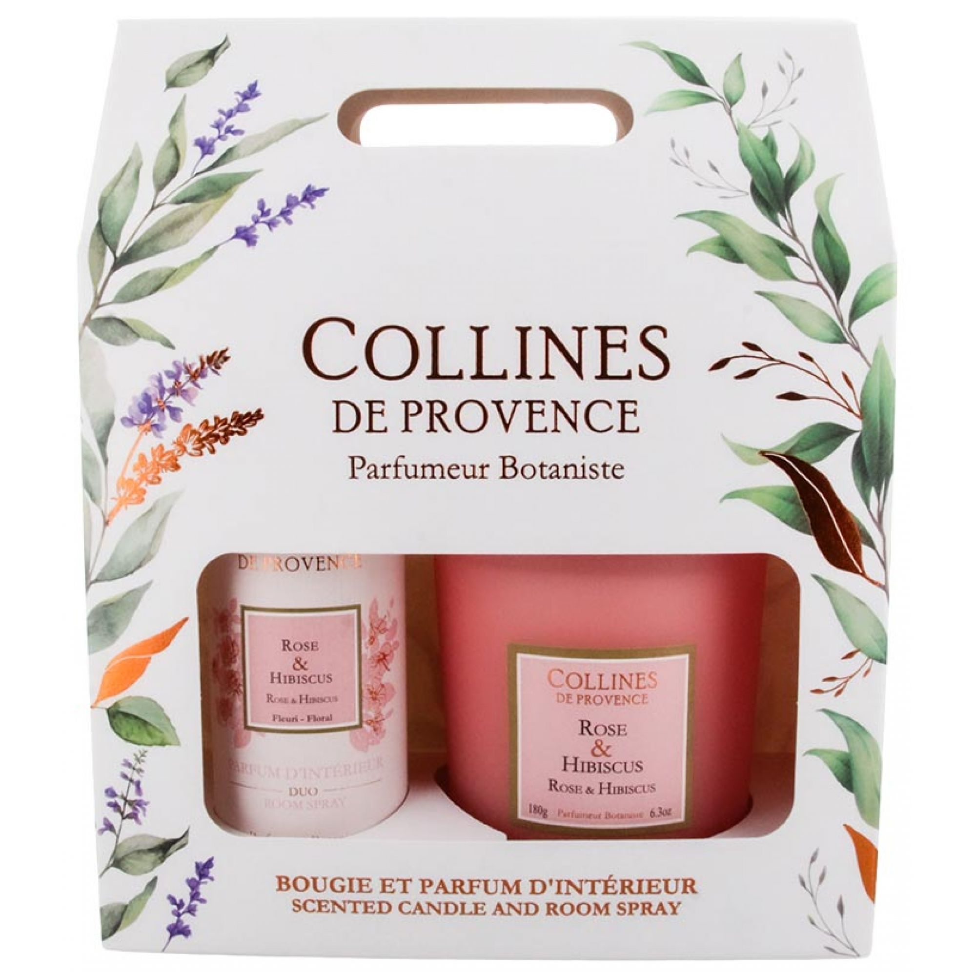Collines de Provence Geschenkset Raumduft Duo + Kerze 180 g (Duft : Rose & Hibiskus) 16,2x7,5x20 cm