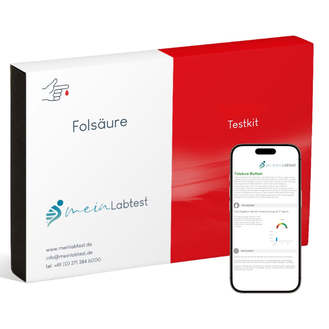 Folsäure Testkit von meinLabtest. Weiß-roter Karton mit Smartphone. Smartphone zeigt Testergebnisse. Logo und Kontaktinformationen sichtbar.