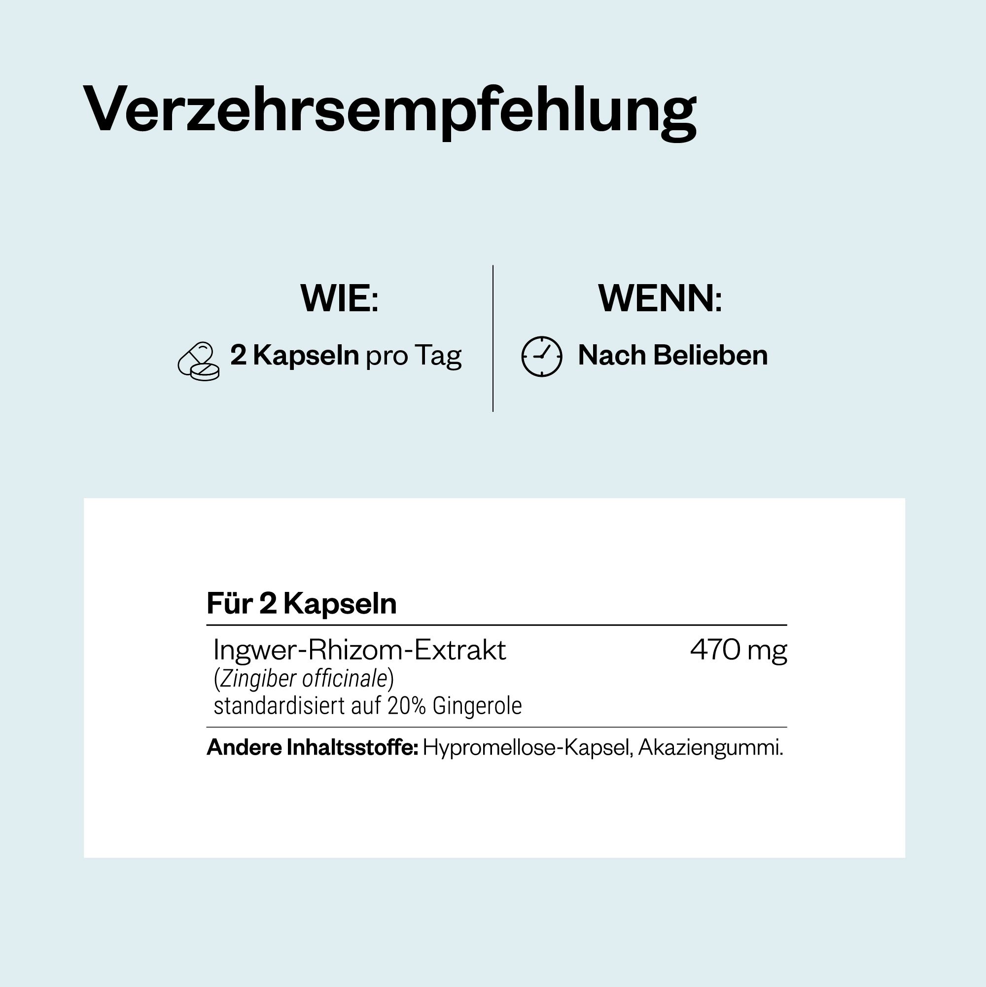 Informationen zur Dosierung von Super Gingerols. 2 Kapseln pro Tag. Enthält Ingwer-Rhizom-Extrakt. Marke SuperSmart.