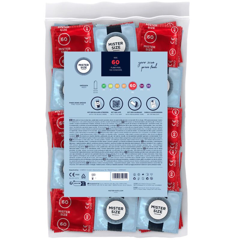 Verpackung mit Kondomen. Rückseite mit Produktinformationen. Aufdruck: Mister Size, 60.