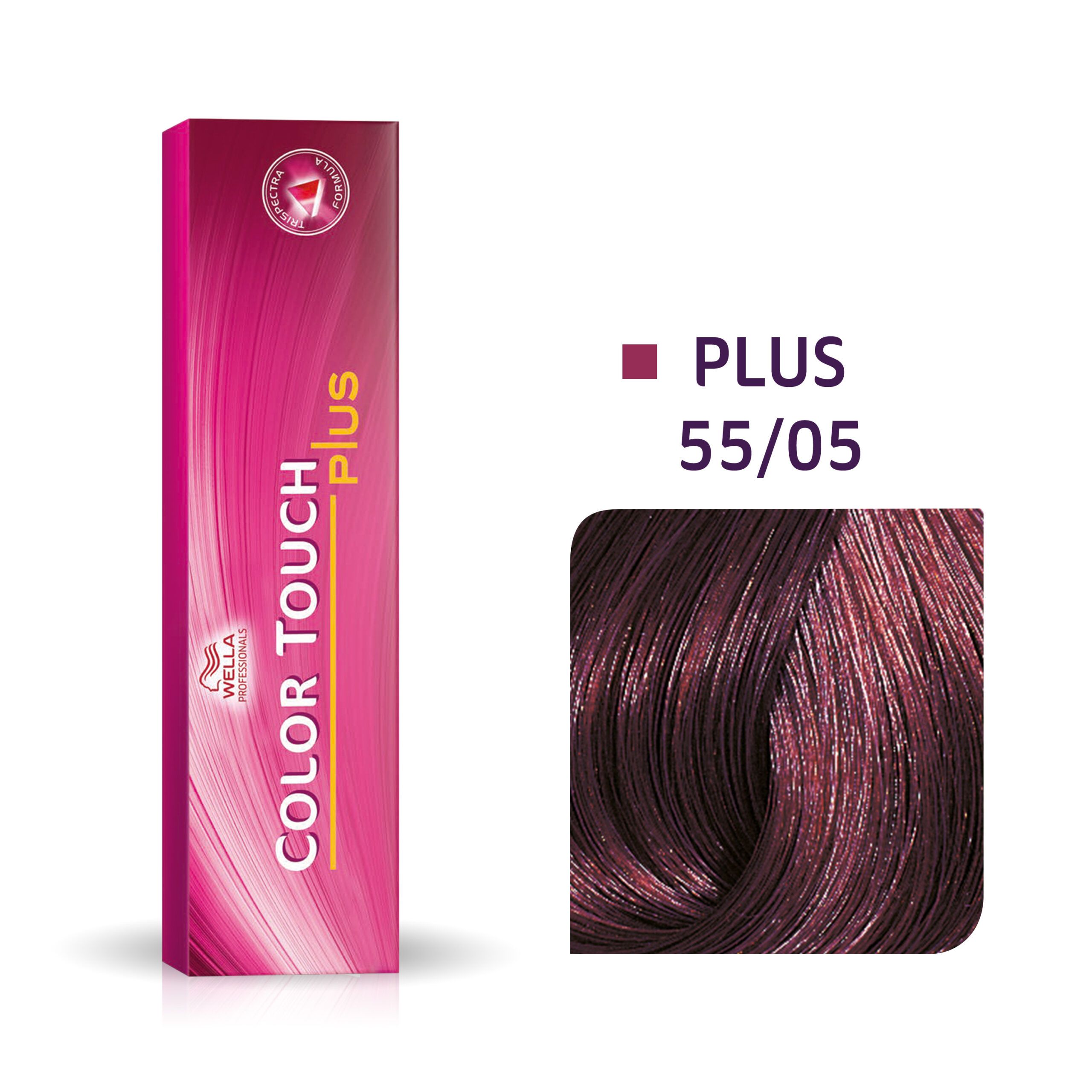 Wella Color Touch Plus. Rosa Verpackung mit Produktnamen und Logo. Farbton 55/05. Farbmuster.