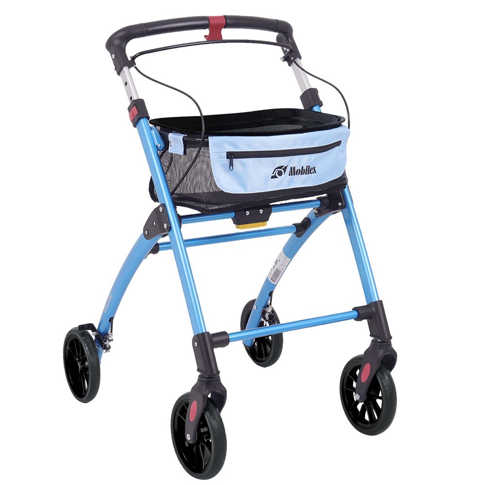 Blauer Rollator mit vier Rädern, Griffen und einer Stofftasche mit dem Logo 'Mobiles'.