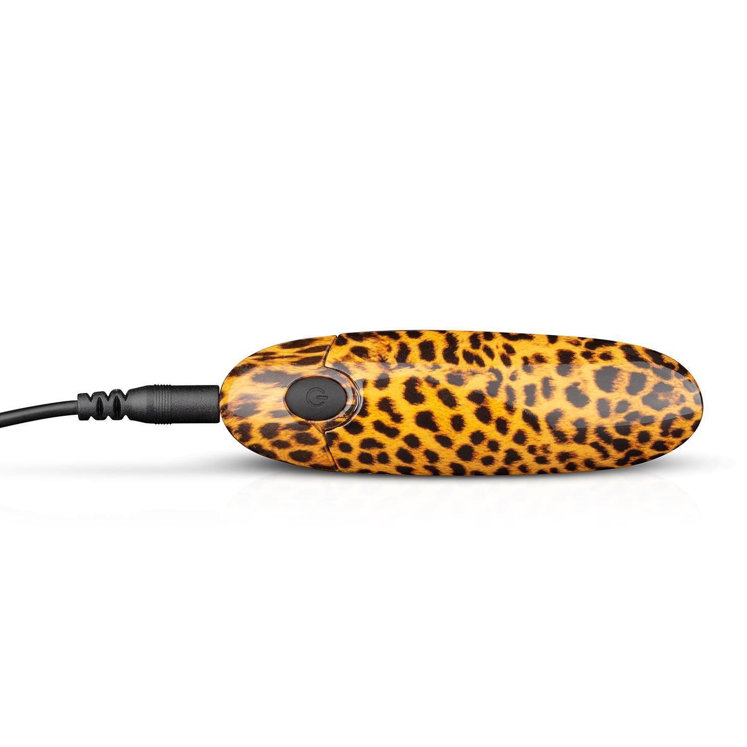 Vibrator mit Leopardenmuster. Ovale Form. Schwarzer Knopf. Mit Kabelanschluss.