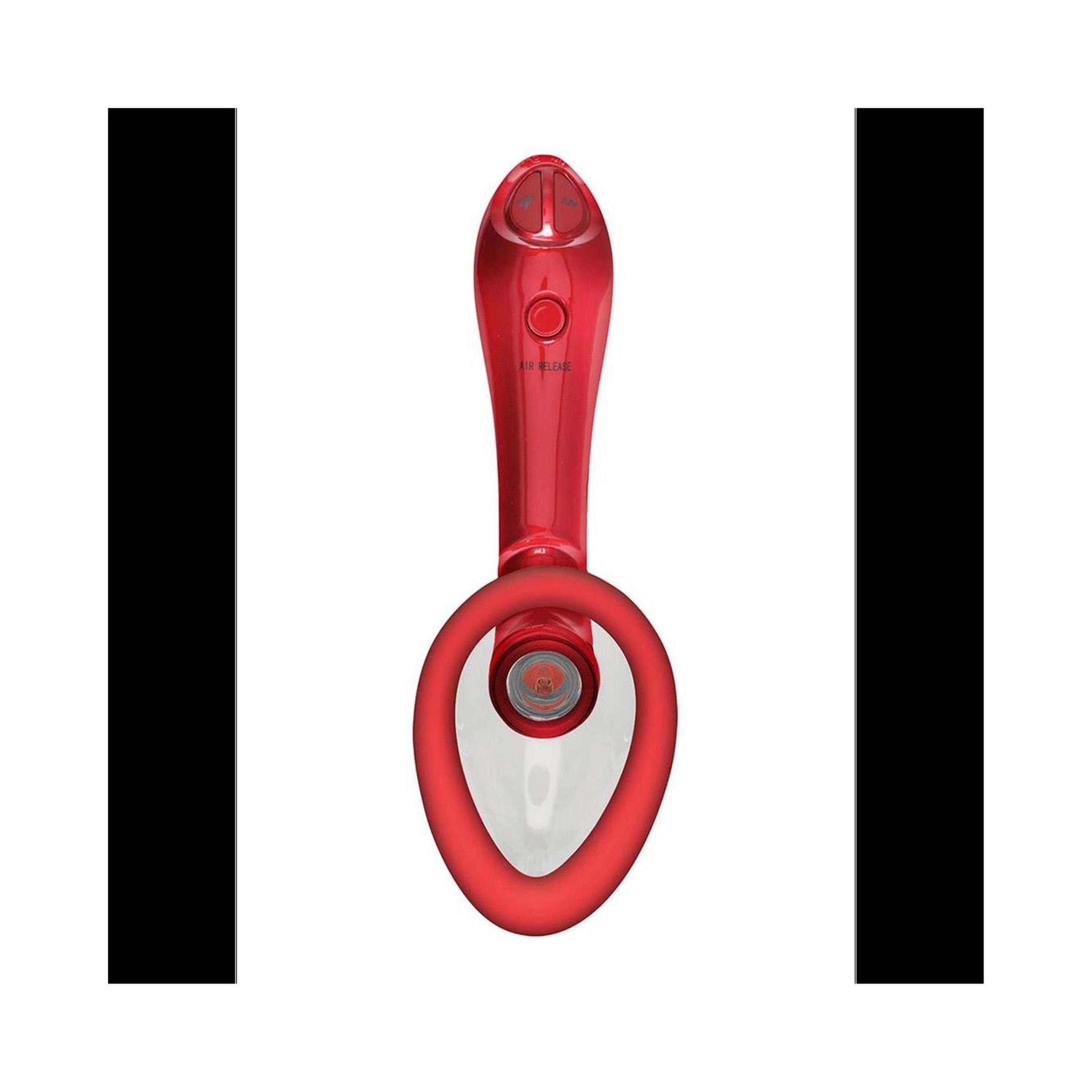 Roter, automatischer, vibrierender Body Pump. Mit Ring und Knöpfen. Aufschrift: AIR RELEASE.