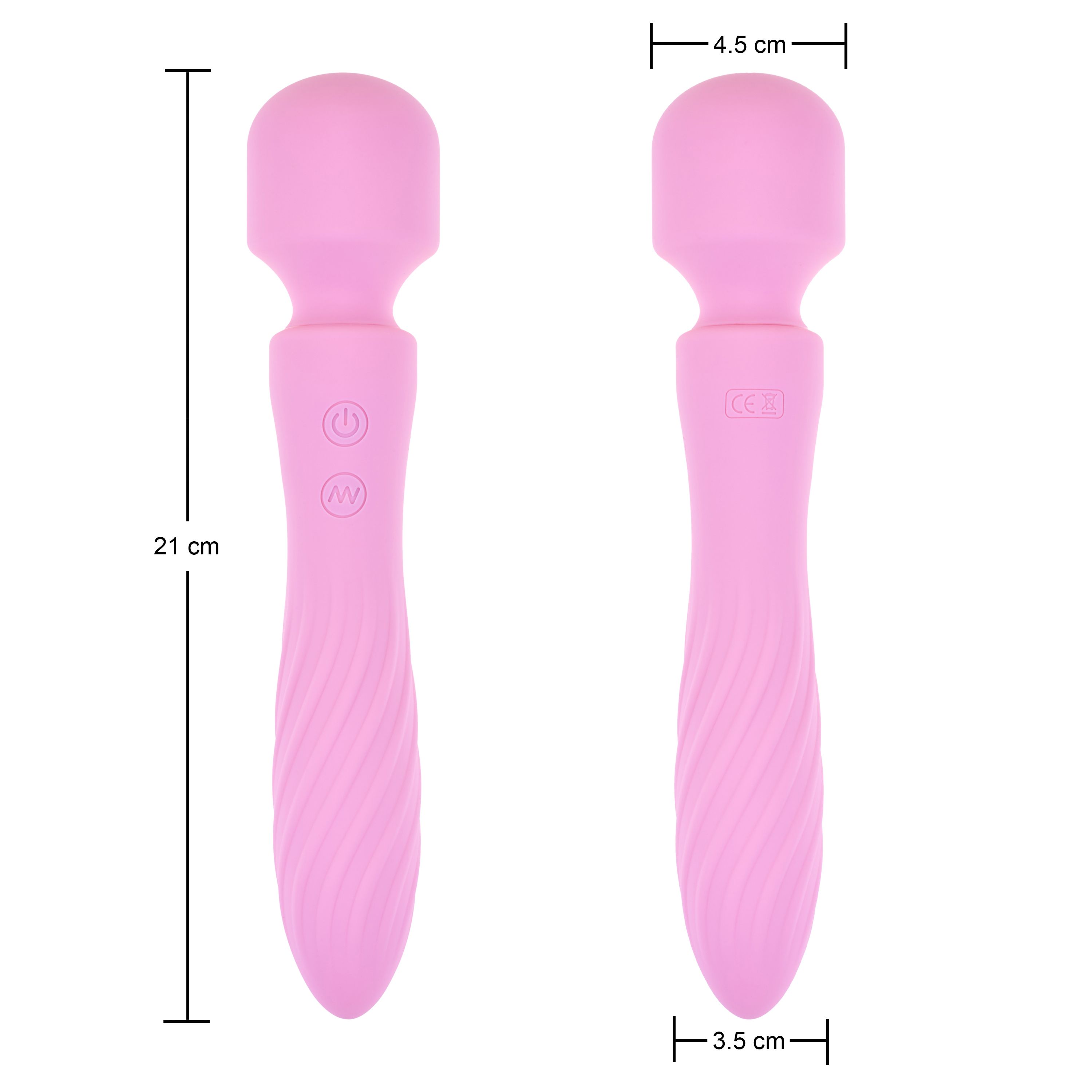 Rosa Vibrator mit abgerundetem Kopf, gewelltem Griff. Maße: 21 cm lang, 4,5 cm breit am Kopf, 3,5 cm am Griff.